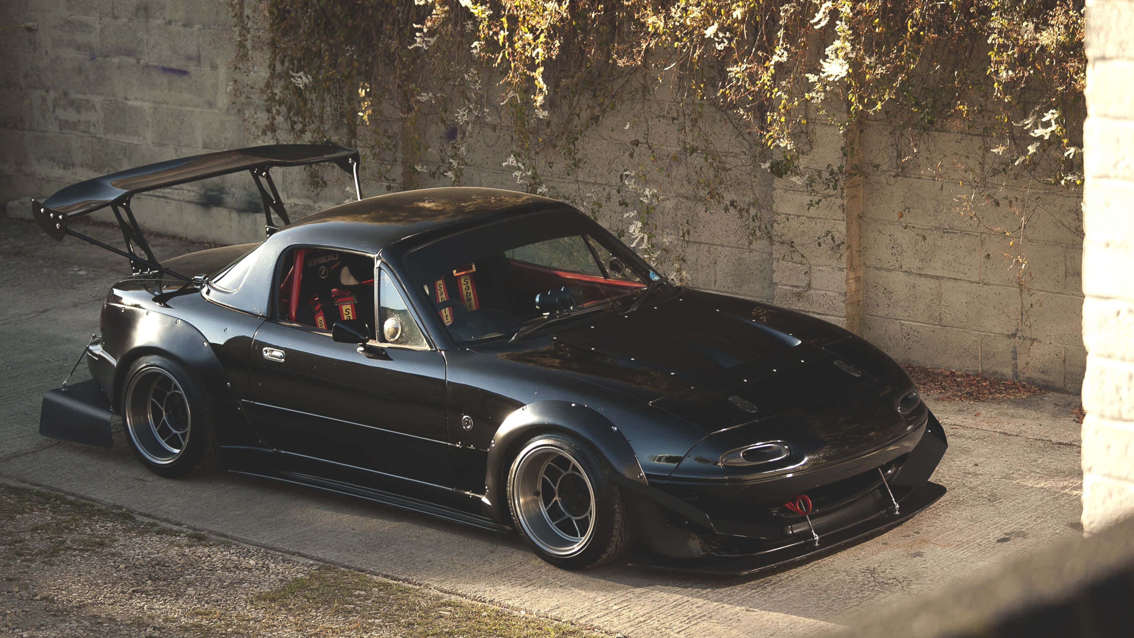 Mazda MX-5 Miata, black, modified sports car, 4K Desktop Wallpaper