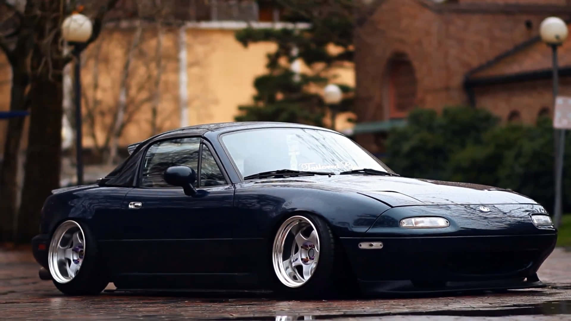 1995 Mazda MX 5 Miata, Navy Blue, wet cobblestone street, Full HD Desktop Wallpaper