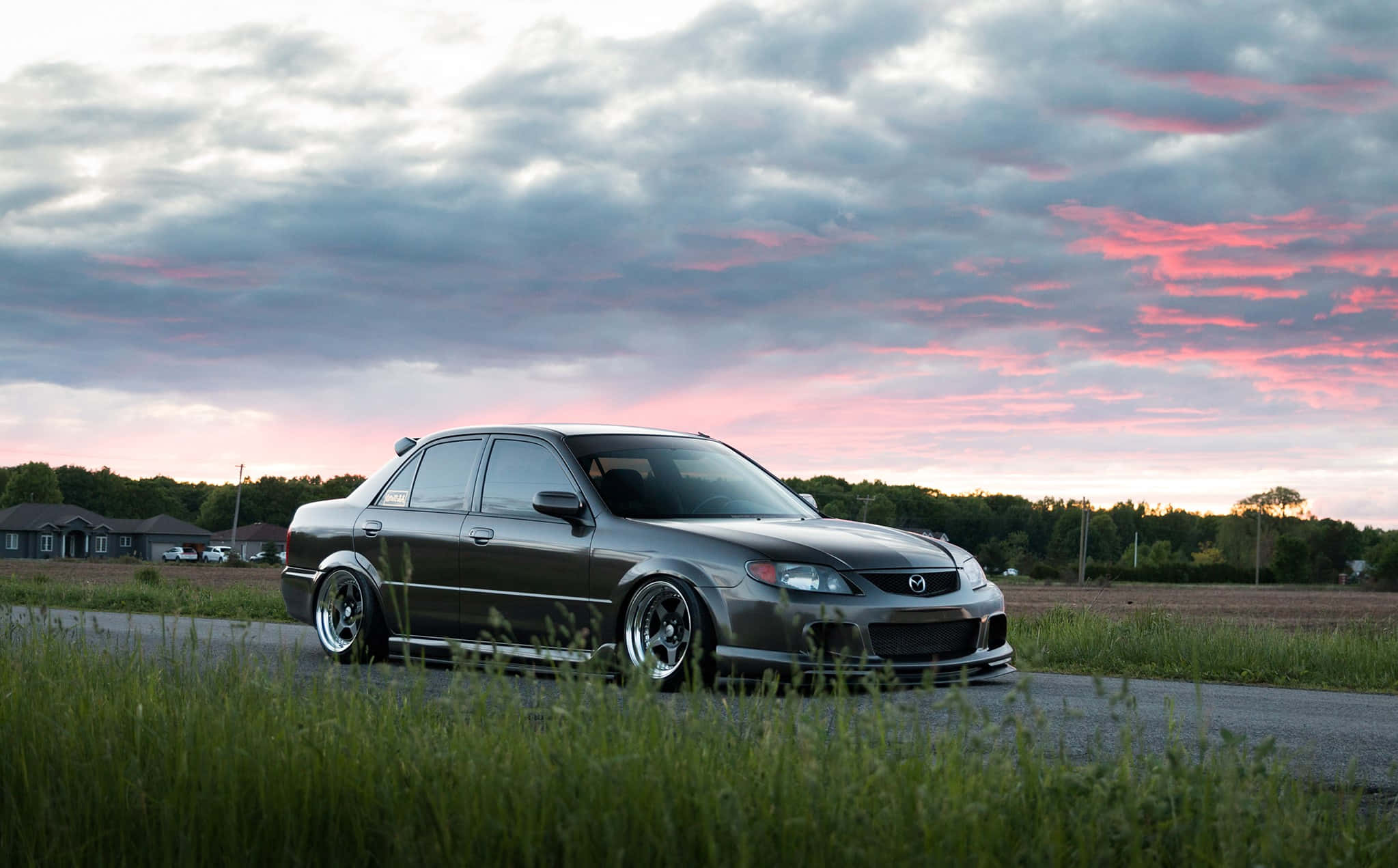 Mazda Protege, sleek silver, rural road, Full HD Desktop Wallpaper