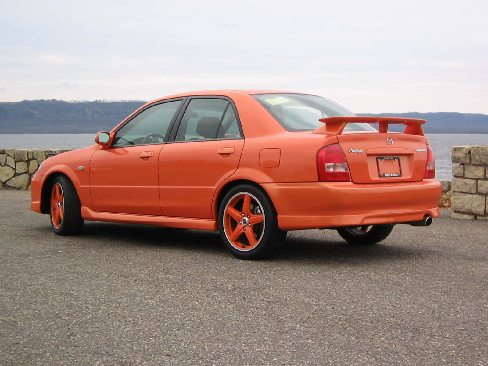 Mazda Protege, orange, aftermarket spoiler, HD Desktop Wallpaper