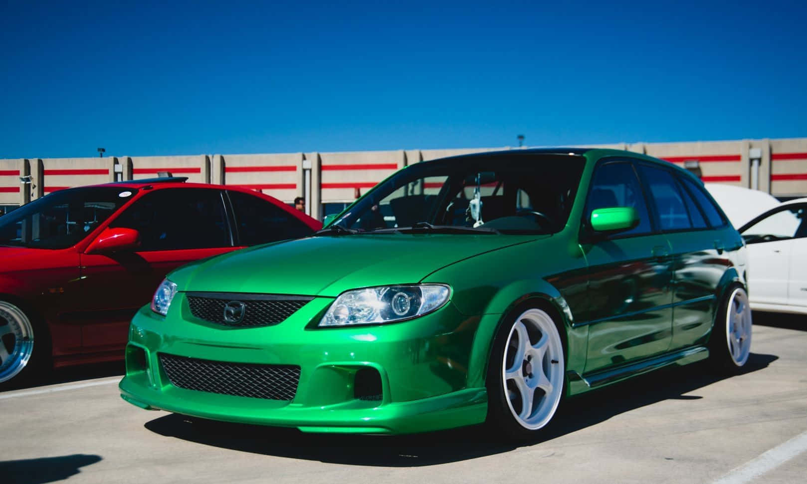 Mazda Protege, metallic green, modified hatchback, HD Desktop Wallpaper