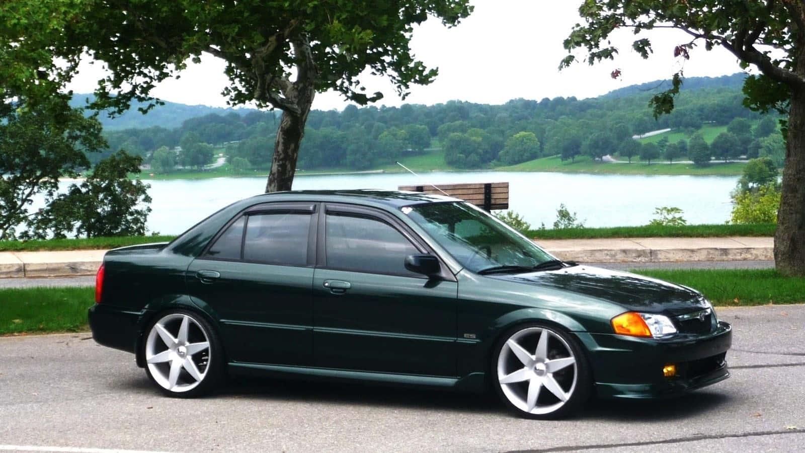 Mazda Protege, dark green, custom wheels, HD Desktop Wallpaper
