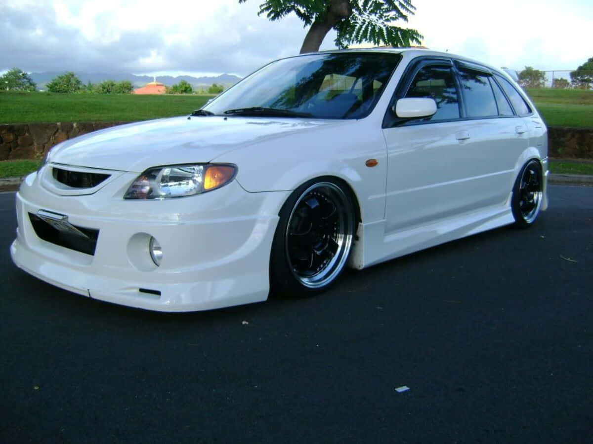 Mazda Protege, white, modified station wagon, SD Desktop Wallpaper