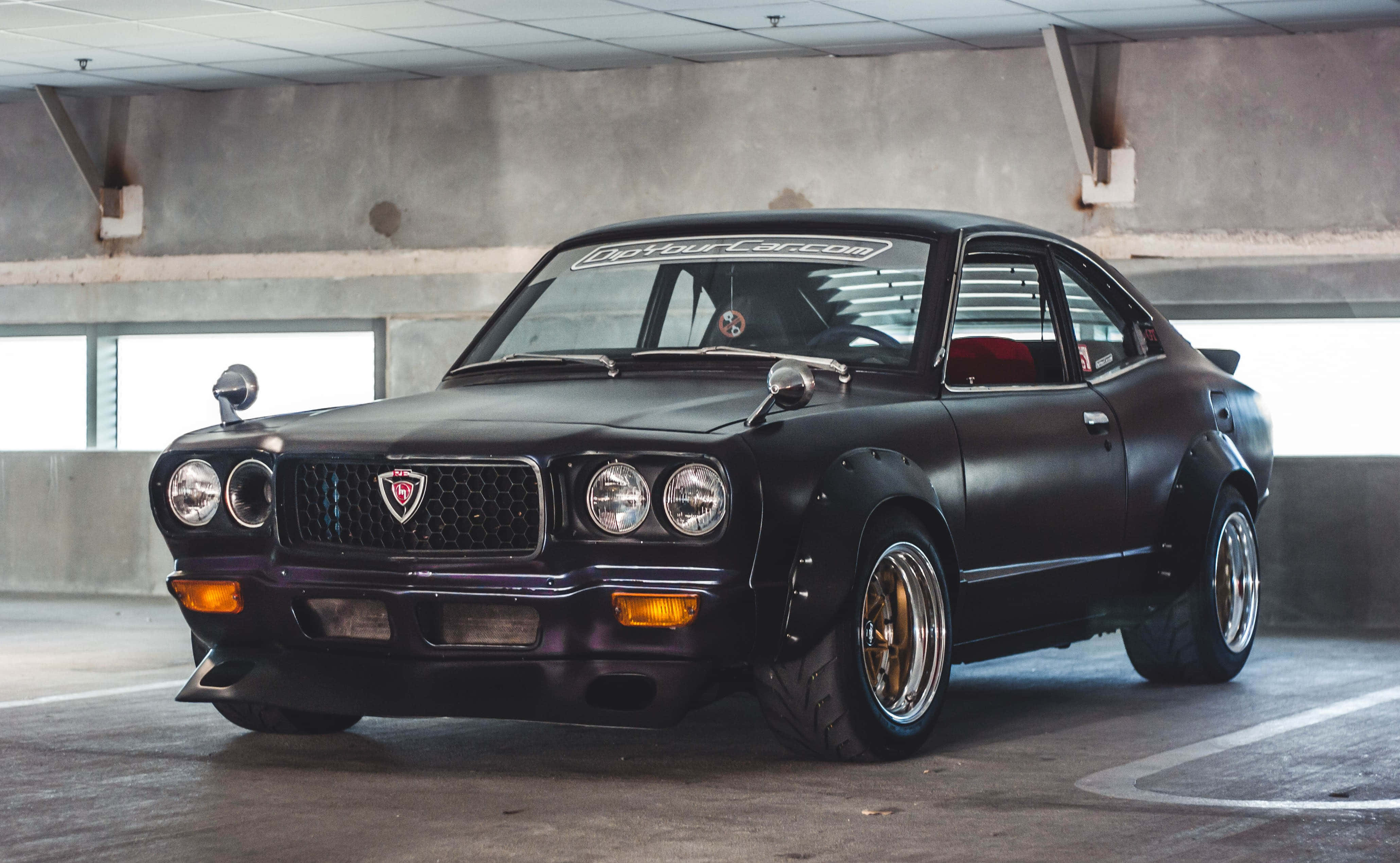 Mazda RX-3, matte black, gold rims, 4K Desktop Wallpaper