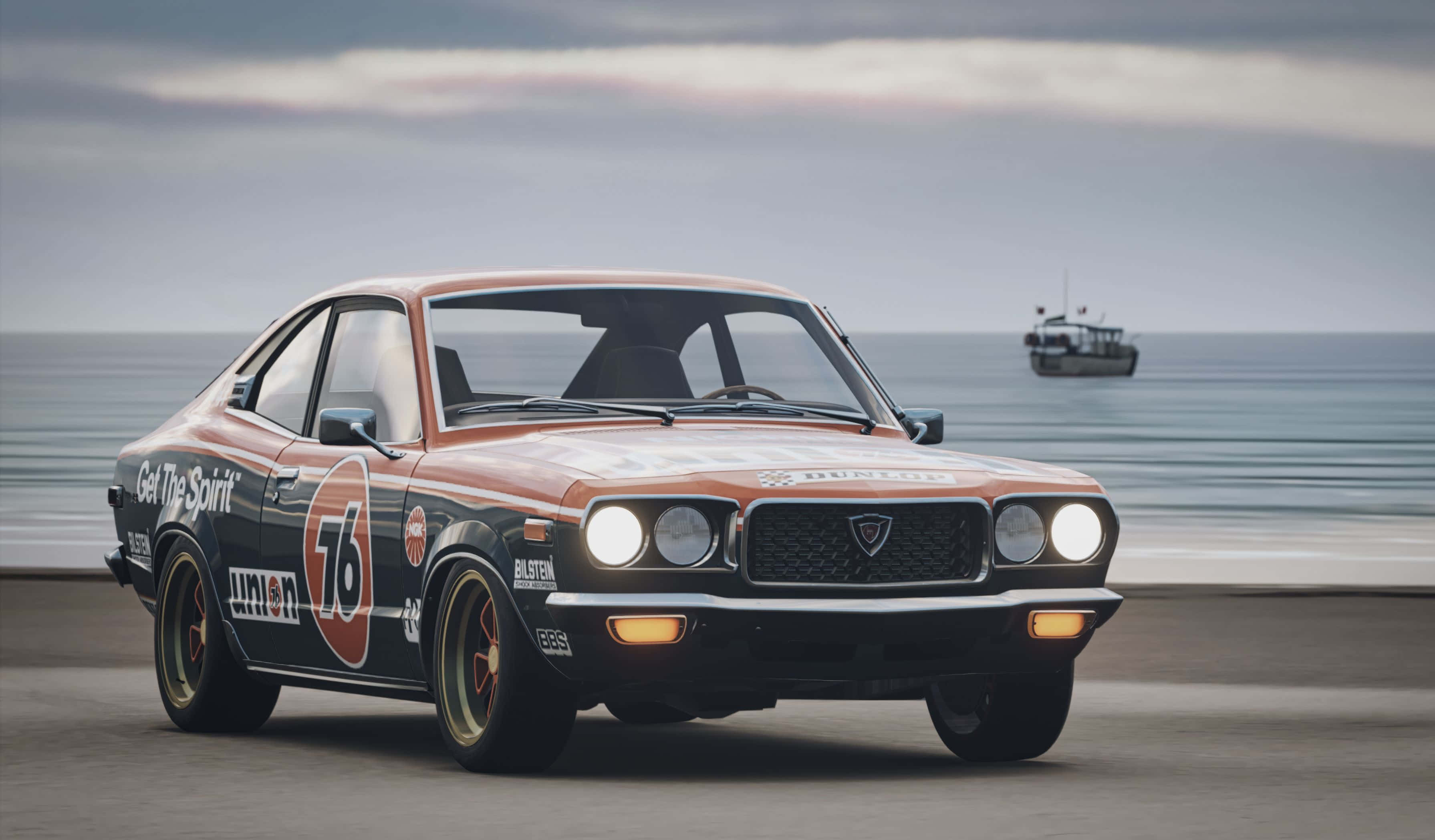 Mazda RX-3, 1970s, orange and black livery, 2K Desktop Wallpaper