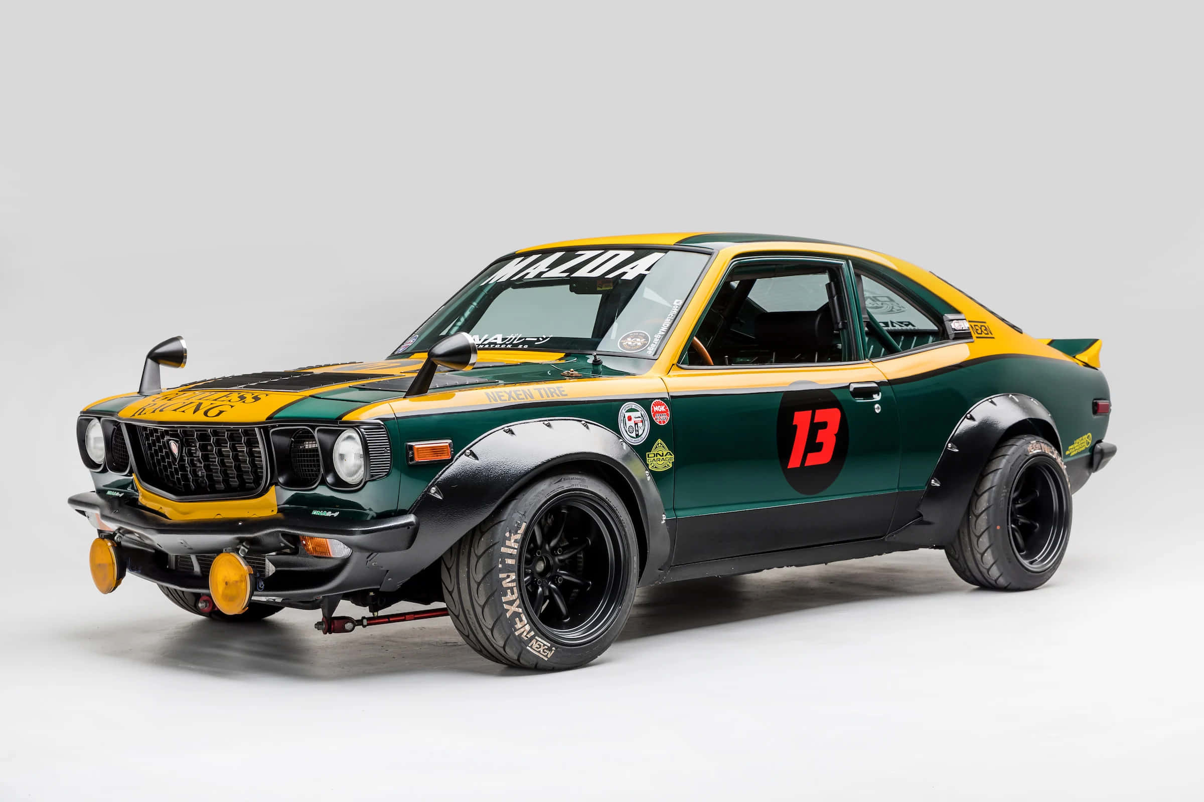 Mazda RX-3, vintage green and yellow, number 13, Full HD Desktop Wallpaper