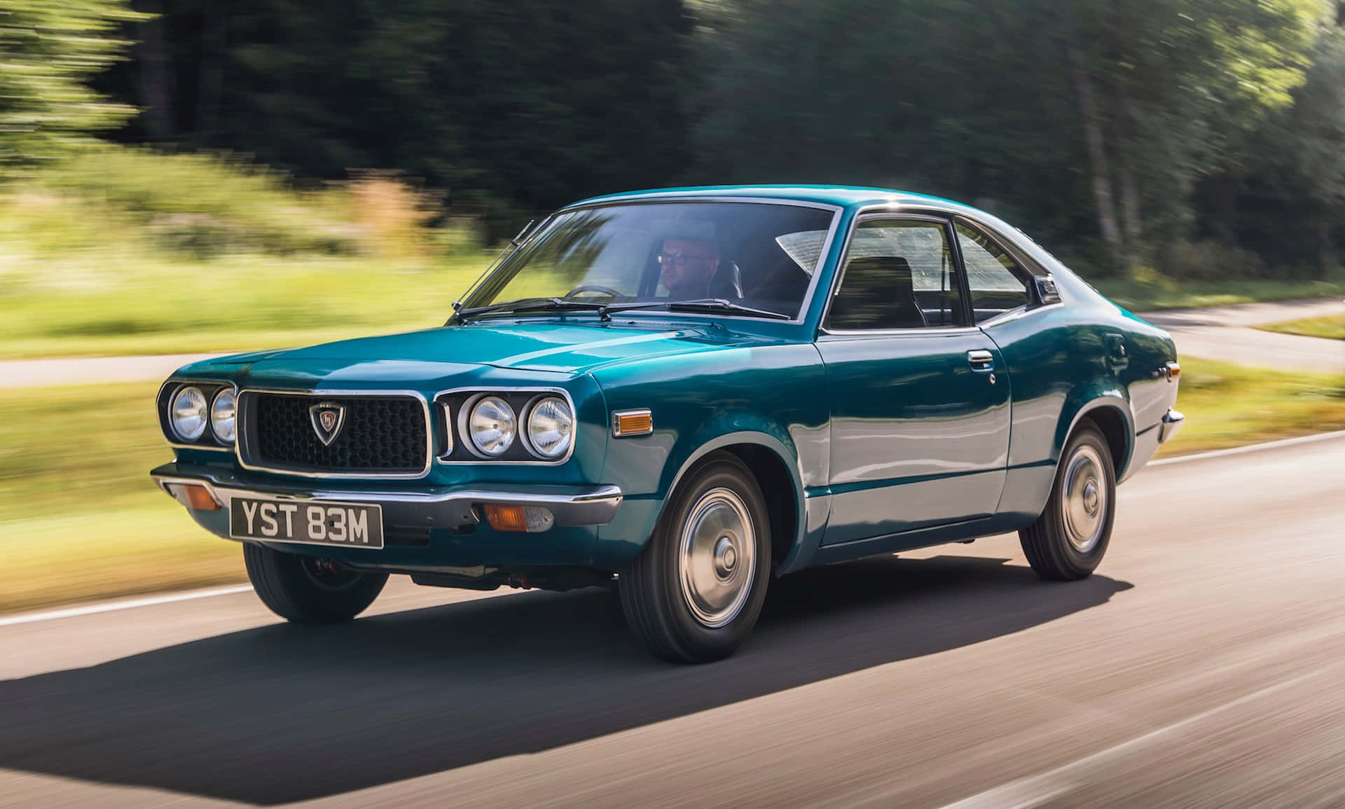 Mazda RX-3, teal, sunlit road, Full HD Desktop Wallpaper