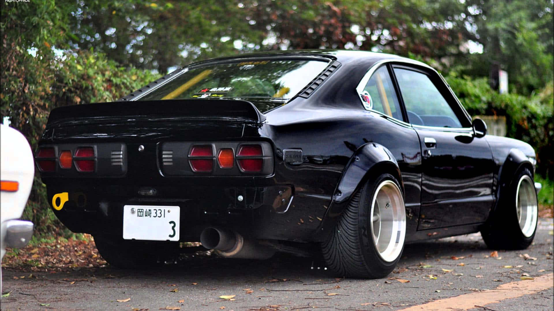 Mazda RX-3, glossy black, wide white wheels, Full HD Desktop Wallpaper
