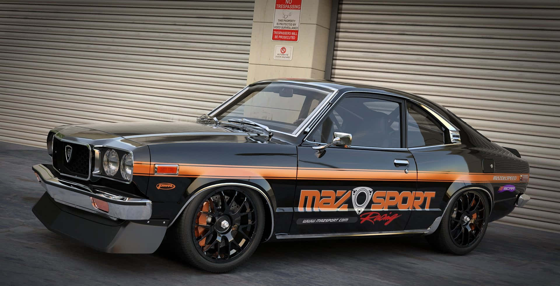 Mazda RX-3, black, orange racing stripes, Full HD Desktop Wallpaper