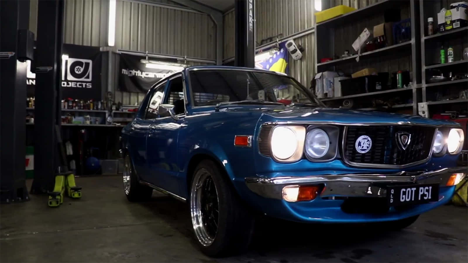 Mazda RX-3, vibrant blue, glowing headlights, HD Desktop Wallpaper