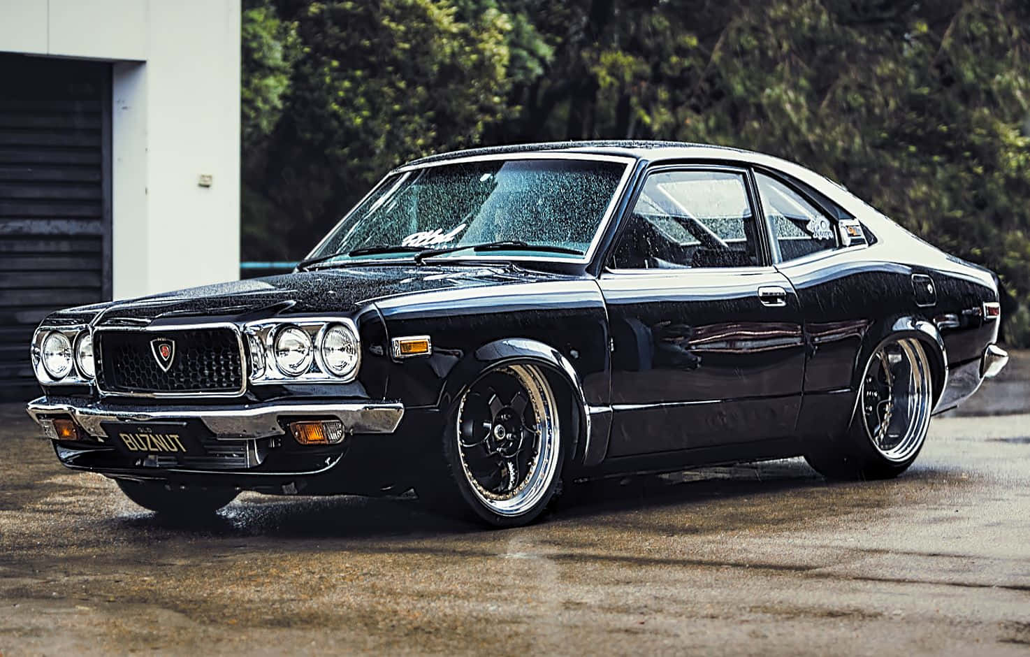Mazda RX-3, glossy black, custom wheels, HD Desktop Wallpaper