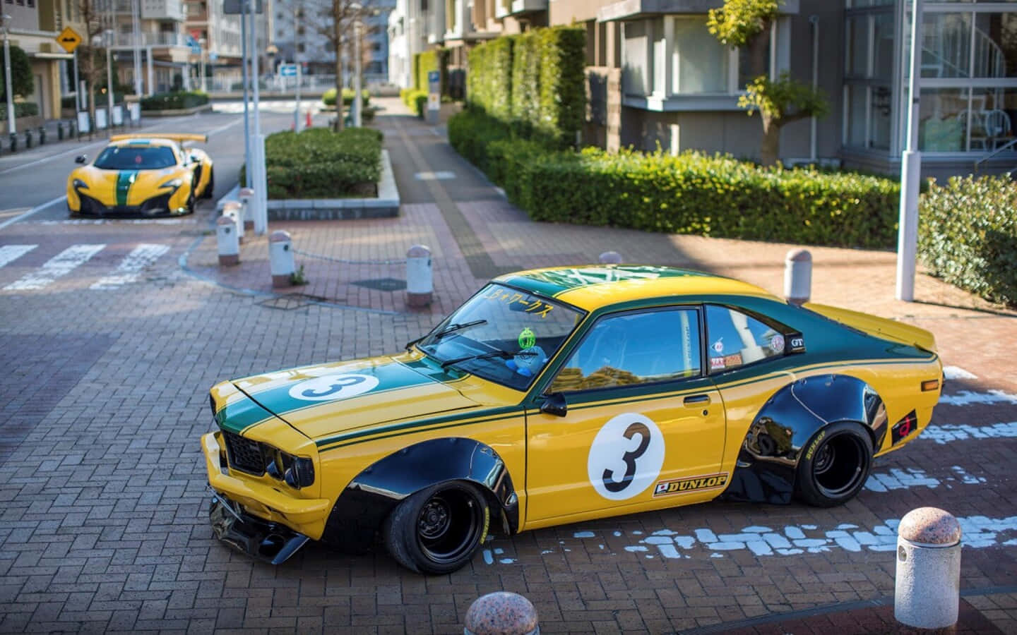Mazda RX-3, vibrant yellow and green, modified race car, HD Desktop Wallpaper