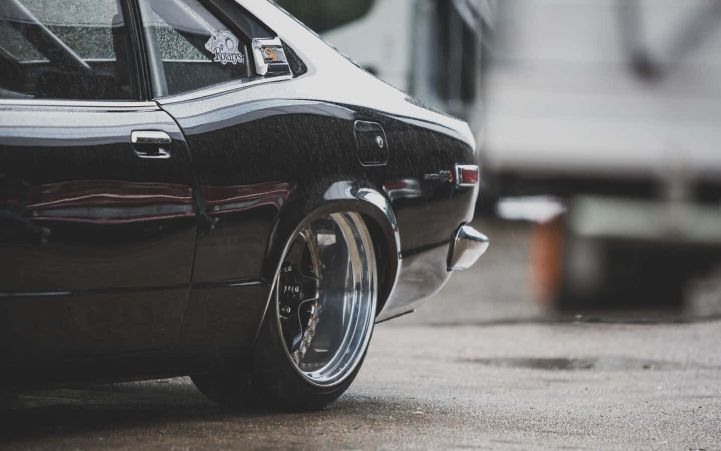 Mazda RX-3, sleek black classic car, custom chrome wheels, HD Desktop Wallpaper
