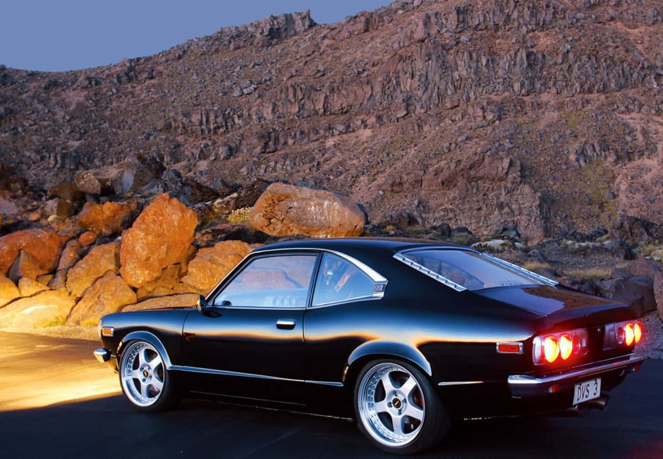 Mazda RX-3, black, glowing red taillights, HD Desktop Wallpaper