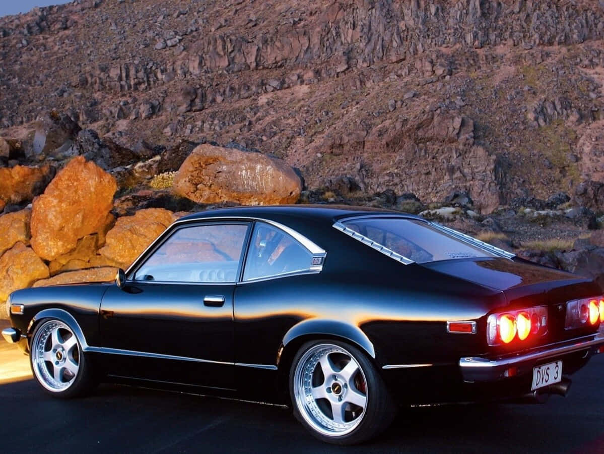 Mazda Rx-3, black, glowing red taillights, SD Desktop Wallpaper