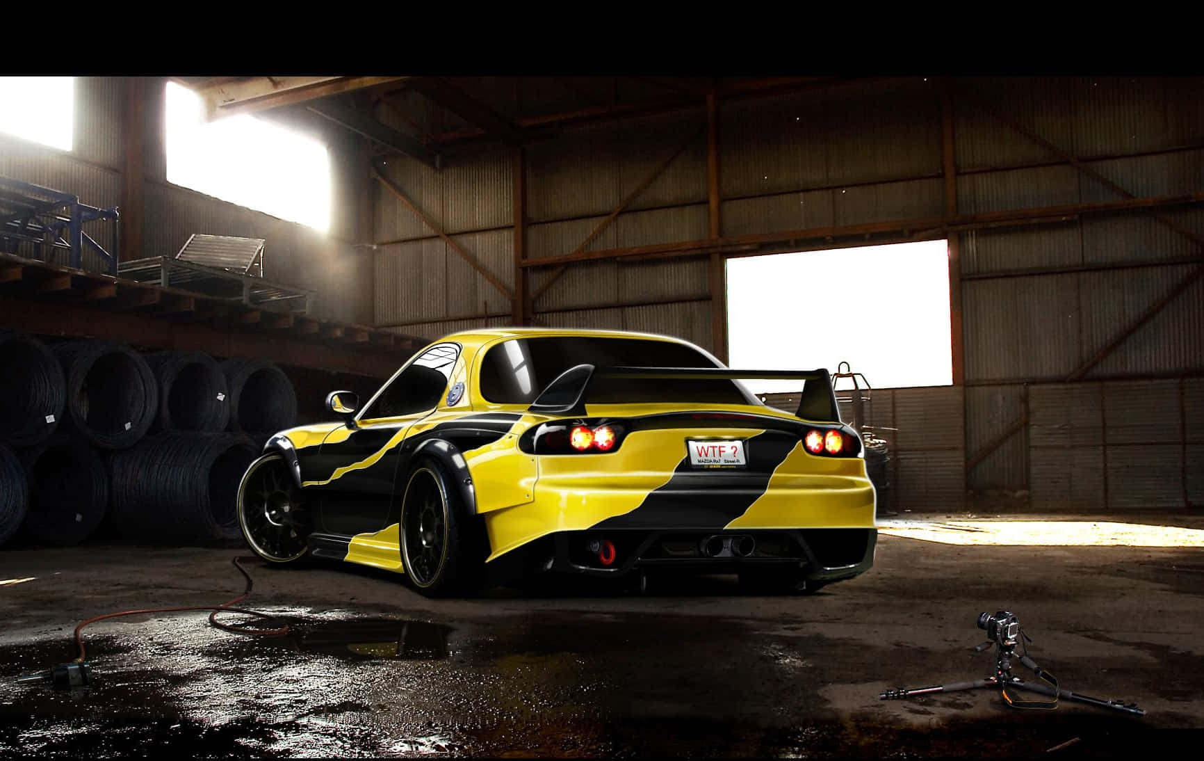 Mazda RX 7, black and yellow, large rear wing, HD Desktop Wallpaper