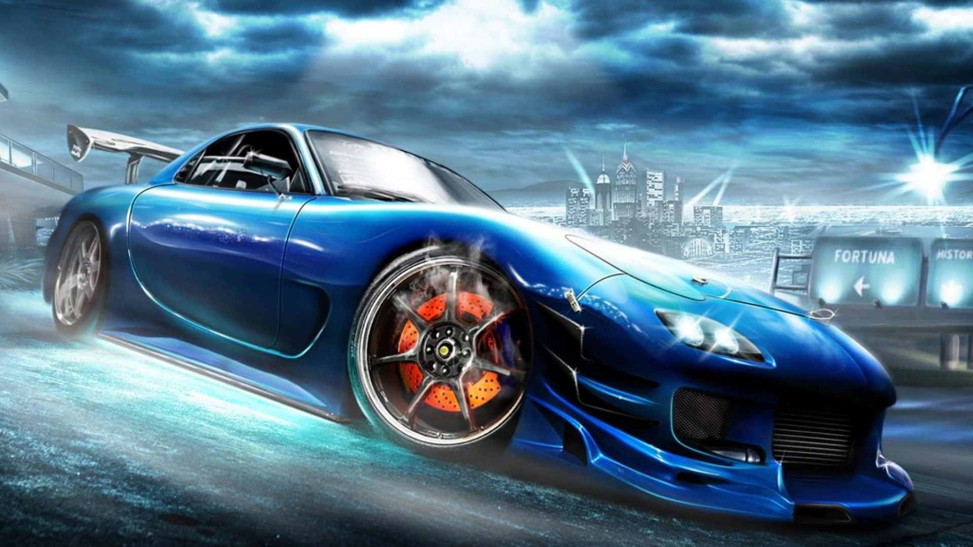 icy blue, Mazda Rx 7, glowing orange brakes, Full HD Desktop Wallpaper