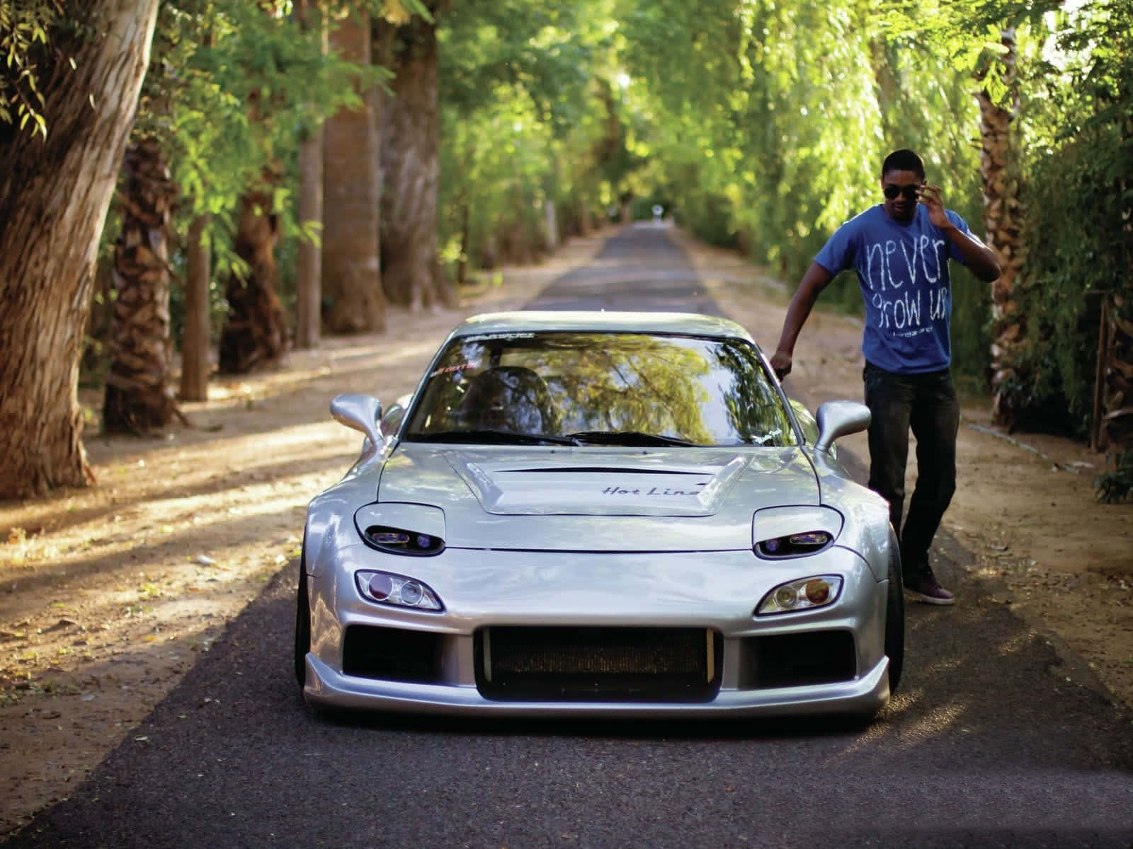 Mazda RX-7, glossy silver, trees, HD Desktop Wallpaper