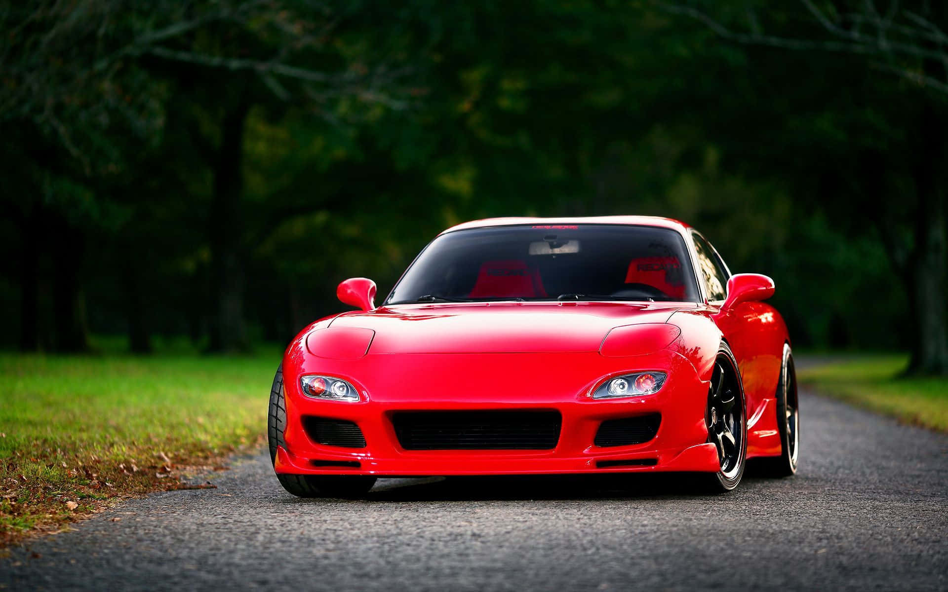Red Mazda Rx 7, woods, tree-lined road, Full HD Desktop Wallpaper