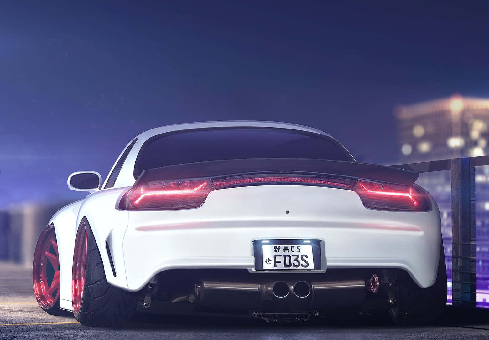 white Mazda Rx 7, glowing red taillights, night, HD Desktop Wallpaper