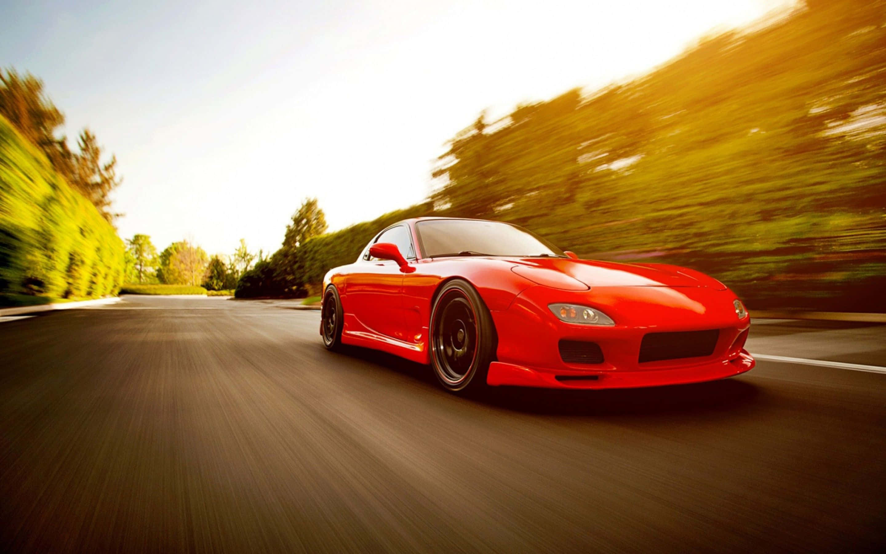 red, Mazda Rx 7, sunlit road, 2K Desktop Wallpaper
