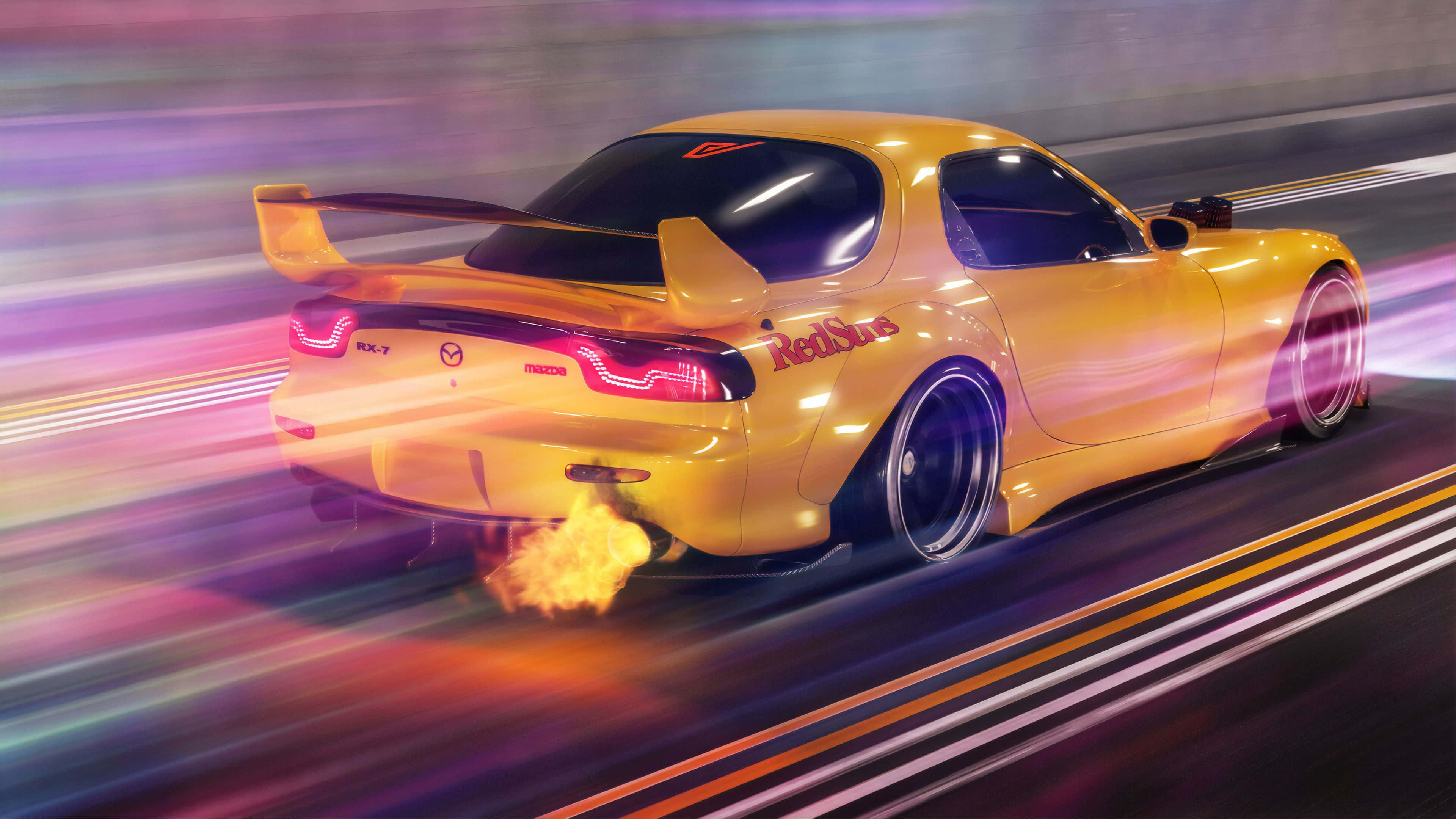 Mazda RX-7, yellow, long exposure, 4K Desktop Wallpaper