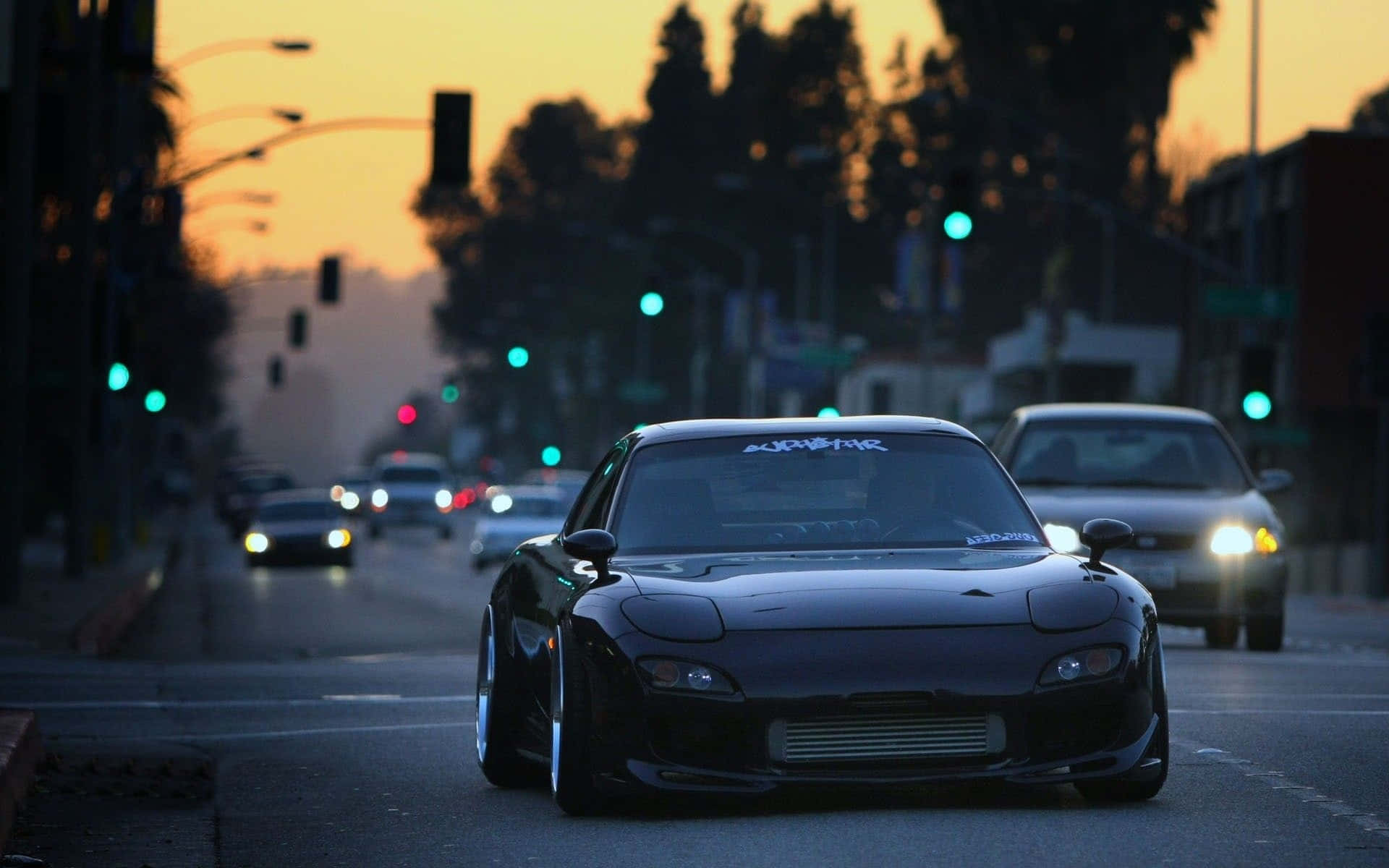 Black Mazda Rx 7, highway road, sunset, Full HD Desktop Wallpaper