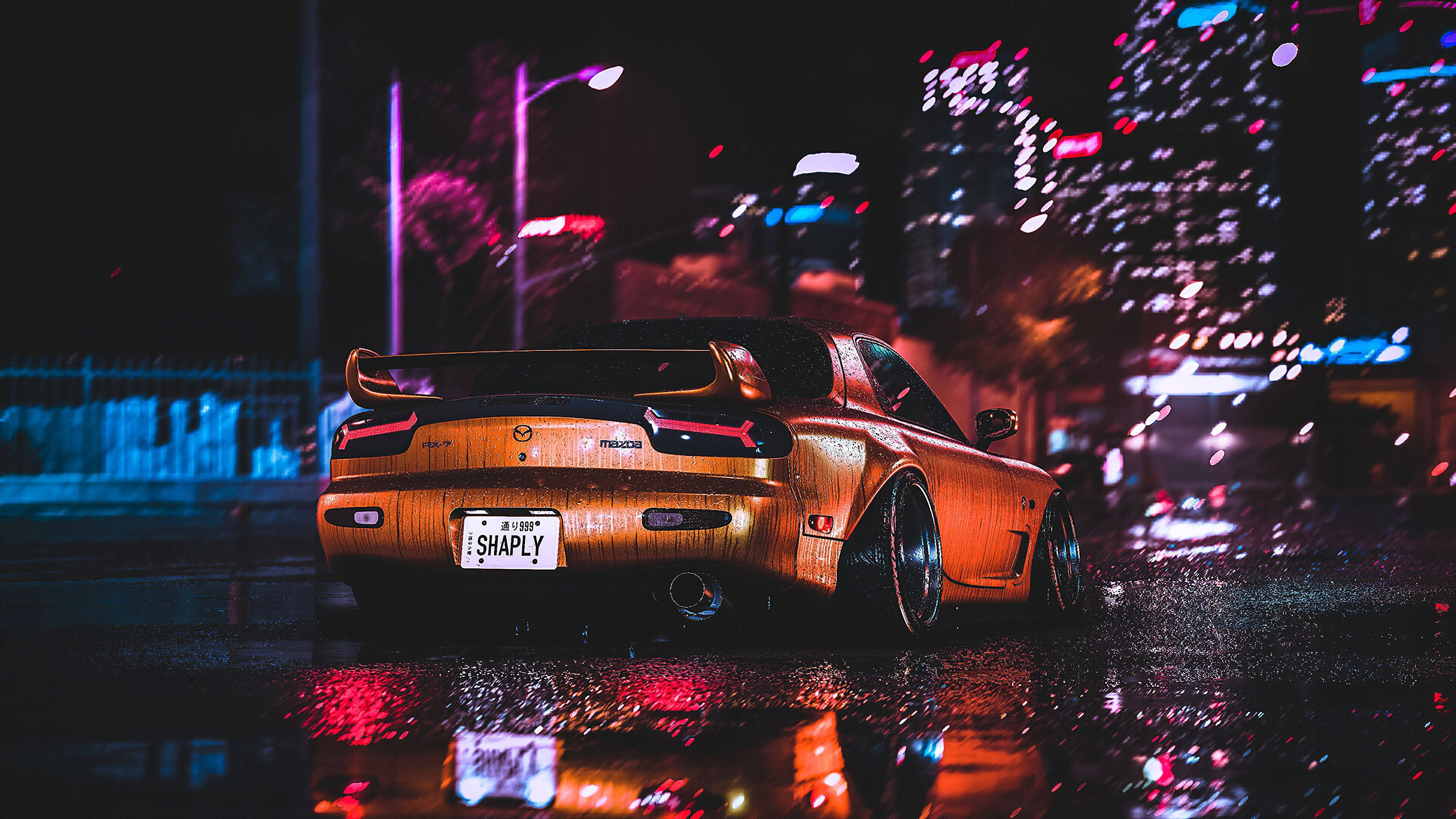 Mazda RX-7, JDM Aesthetic, golden sports car, 4K Desktop Wallpaper