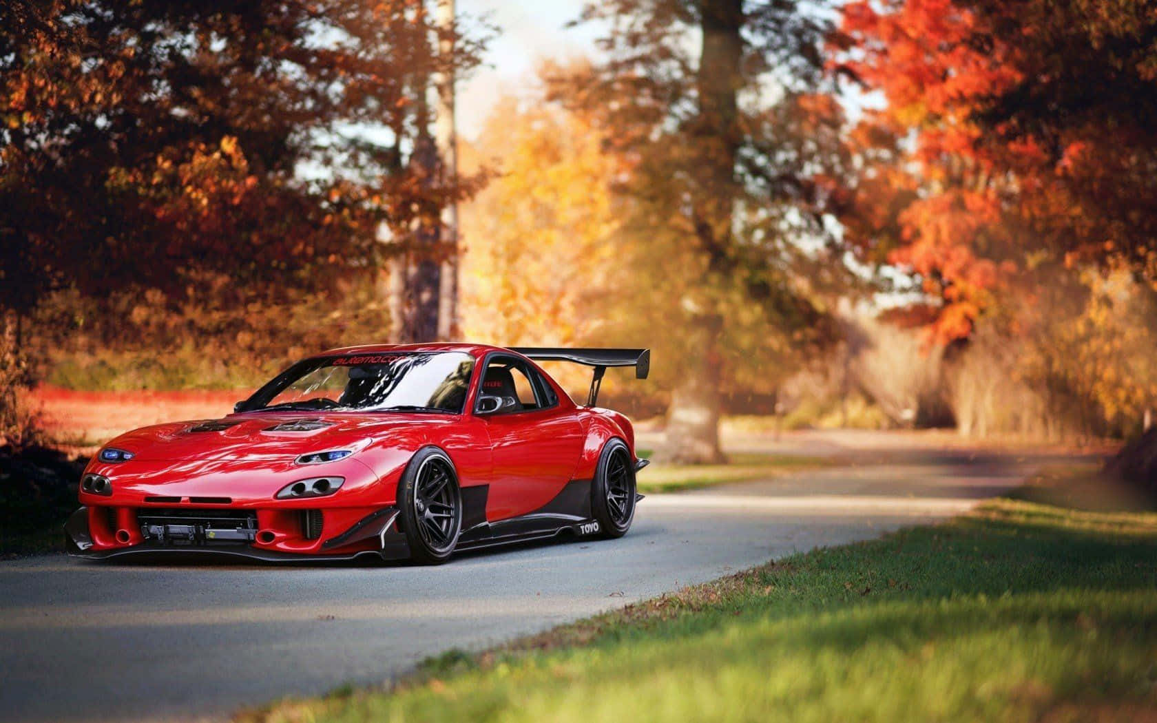 Red Mazda Rx 7, autumn, tree-lined road, HD Desktop Wallpaper
