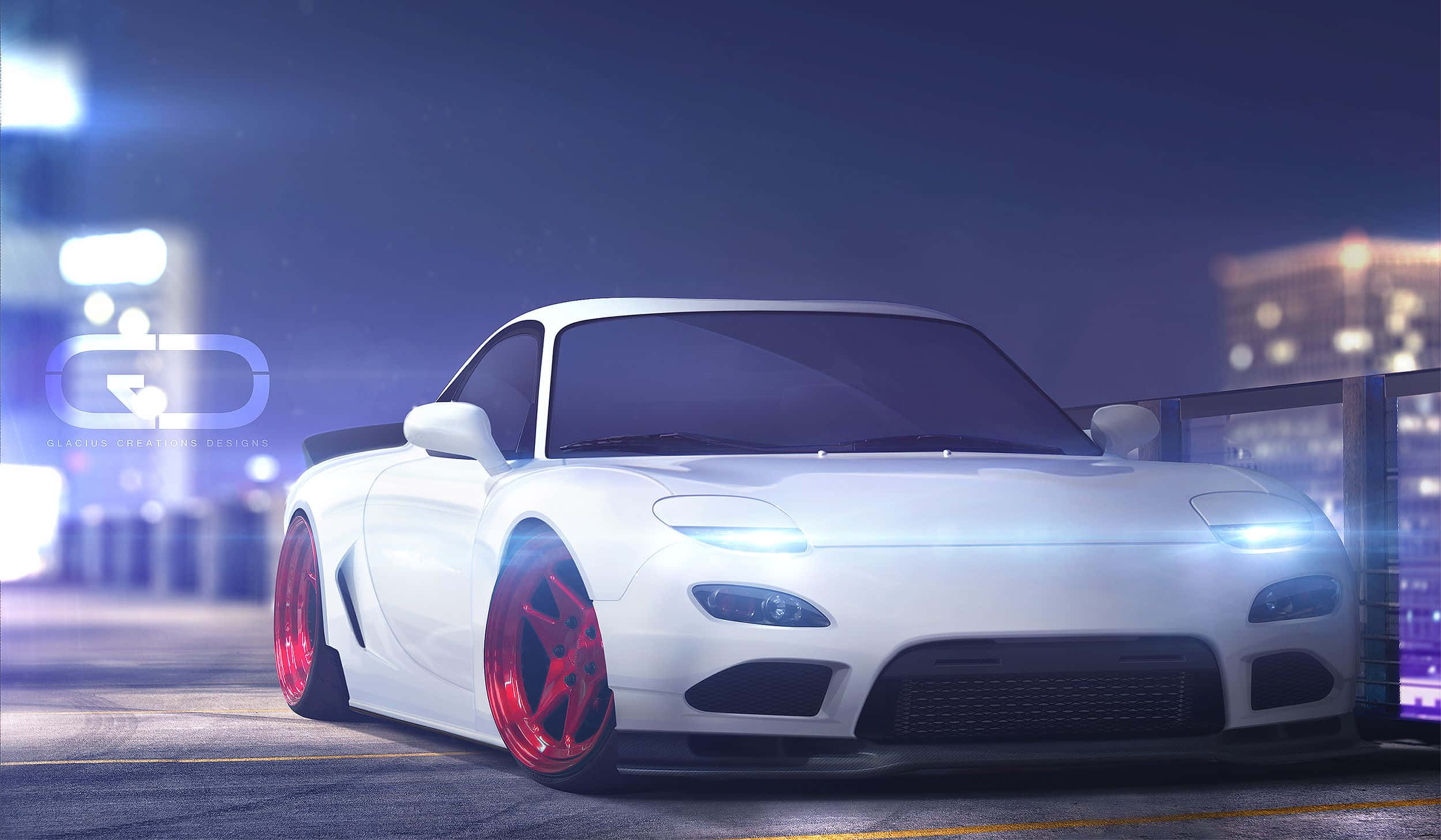 White Mazda Rx 7, city street, night, Full HD Desktop Wallpaper