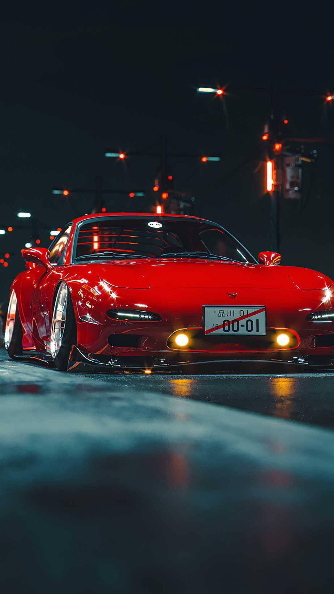 Mazda RX-7, glossy red, drifts at night, Full HD Phone Wallpaper