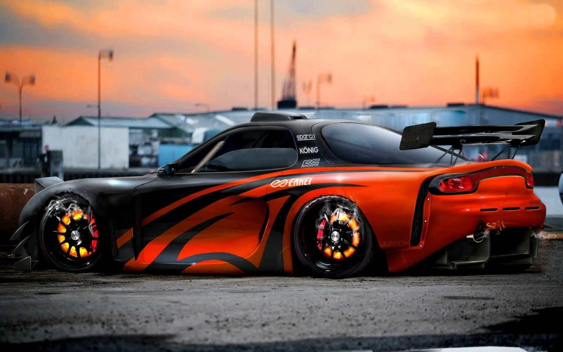Fiery Black Mazda Rx 7, sunset sky, glowing wheels, Full HD Desktop Wallpaper