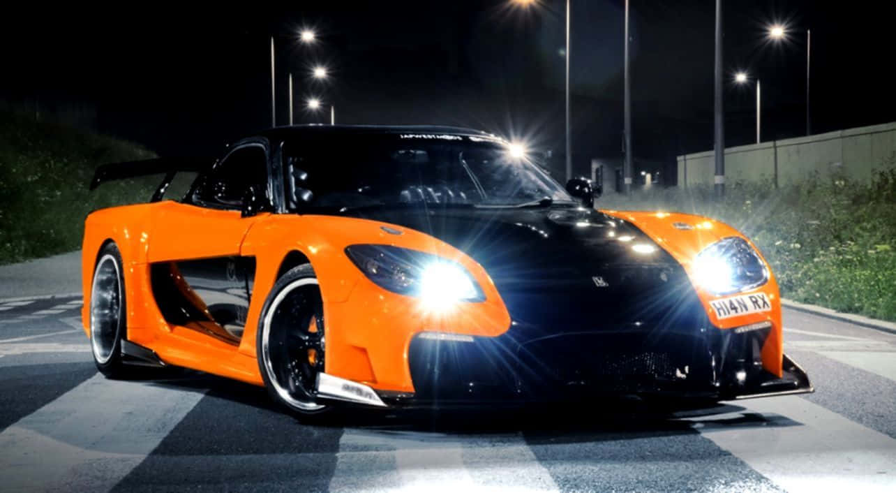 Mazda Rx 7, black orange, glowing headlights, HD Desktop Wallpaper