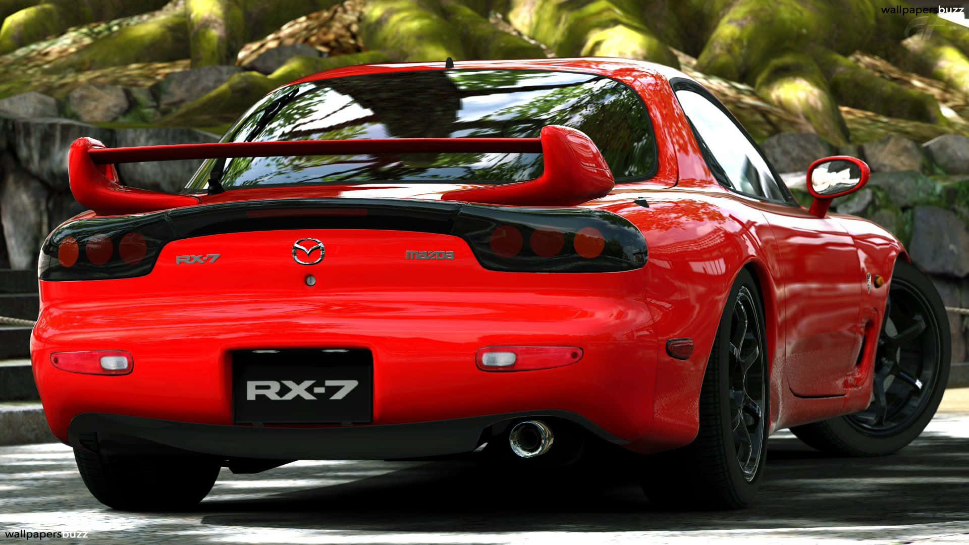glossy red, Mazda RX-7, rear wing, Full HD Desktop Wallpaper