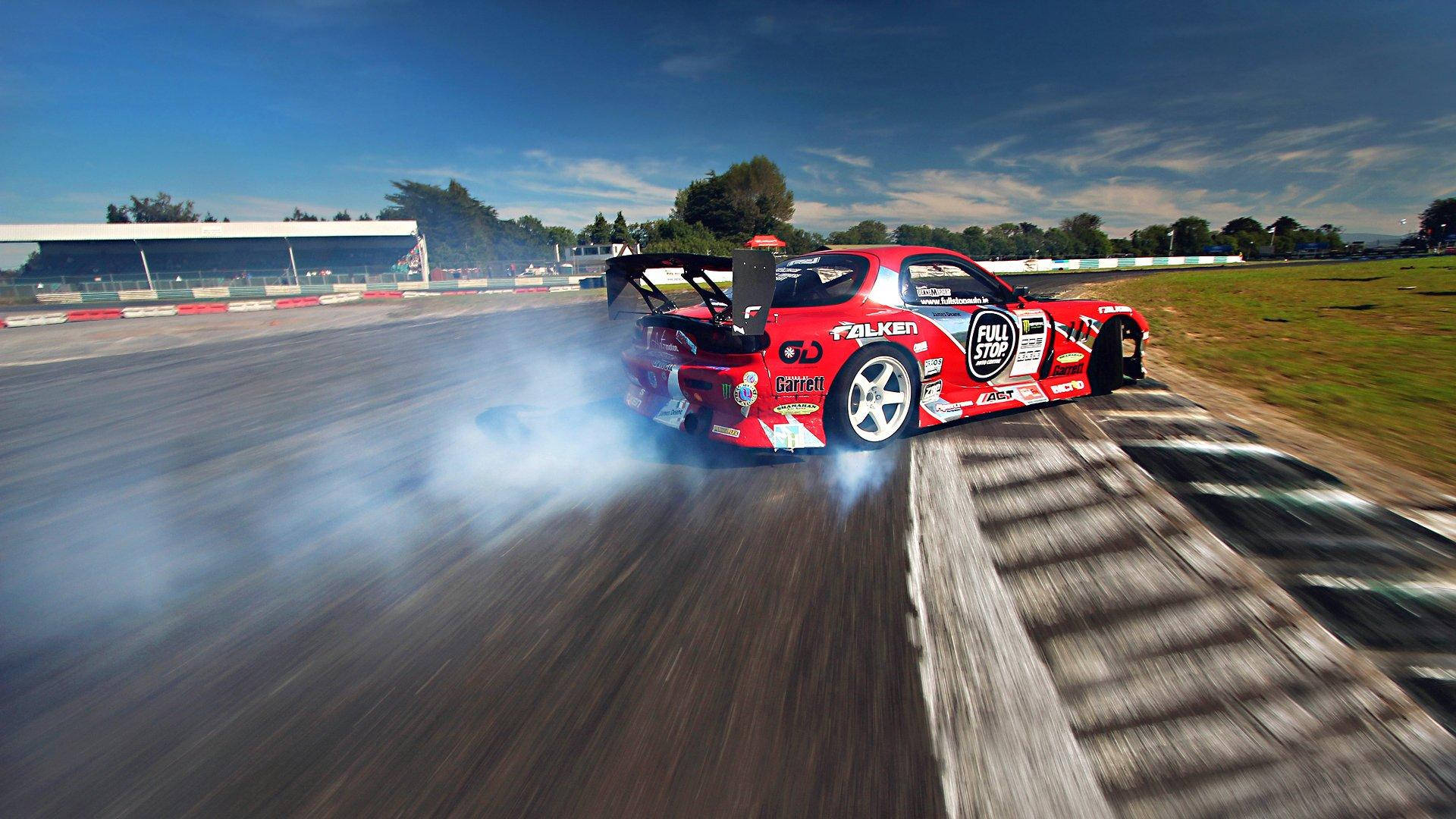 red drift car, Mazda RX-7, racetrack, Full HD Desktop Wallpaper