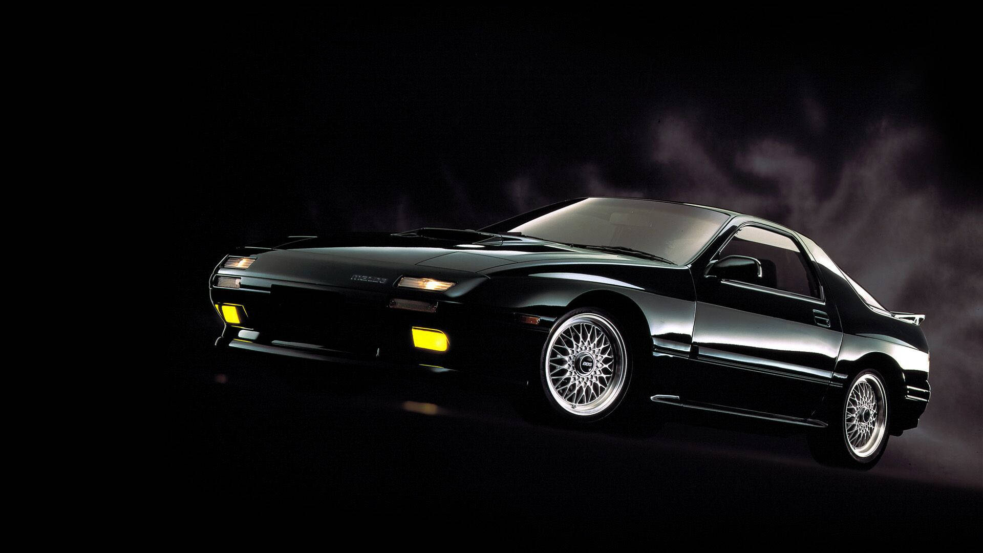 Mazda RX-7, black, yellow headlights, Full HD Desktop Wallpaper