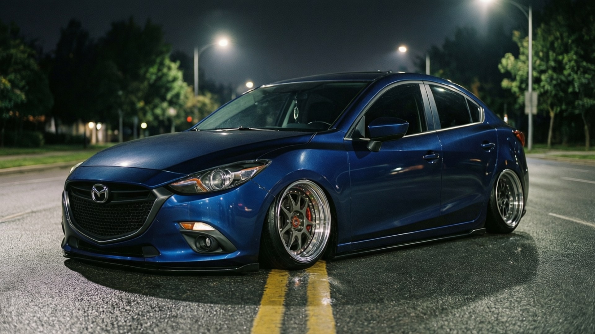 Mazda 3, glossy blue, custom wheels, Full HD Desktop Wallpaper