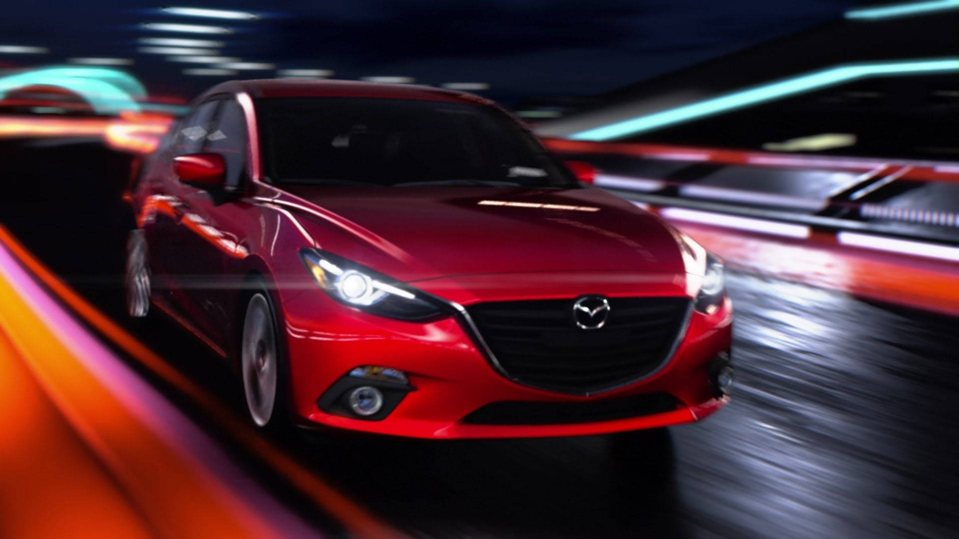 Red Mazda 3, neon-lit tunnel, streaking light trails, Full HD Desktop Wallpaper