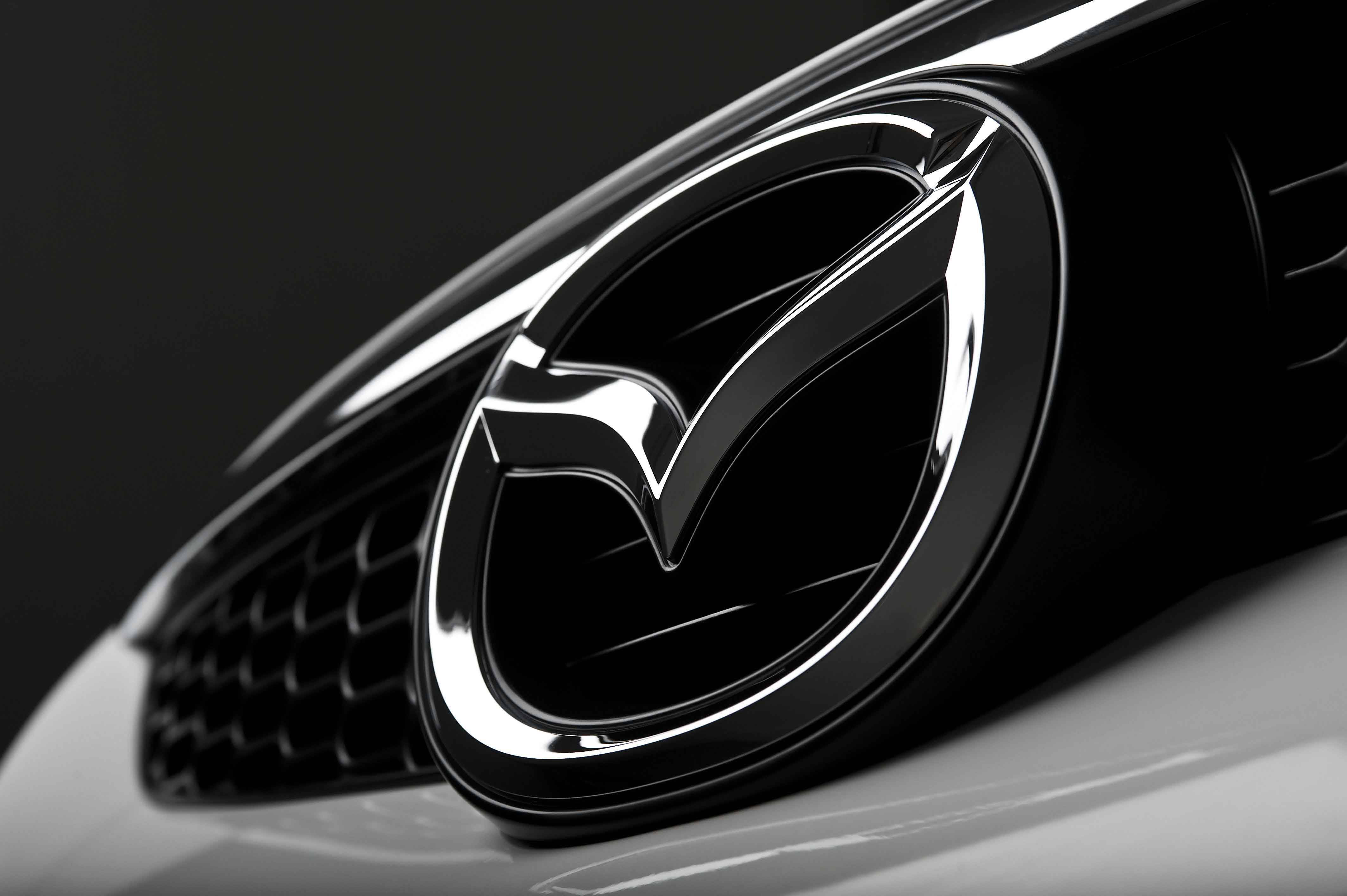 Mazda, emblem, sleek black car hood, 4K Desktop Wallpaper