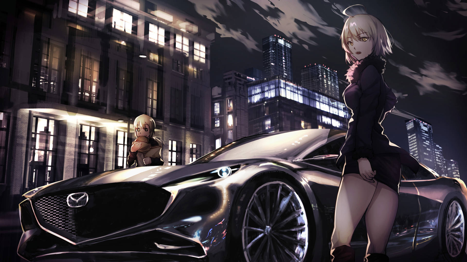 Mazda, sleek black sports car, neon-lit city skyline, Full HD Desktop Wallpaper