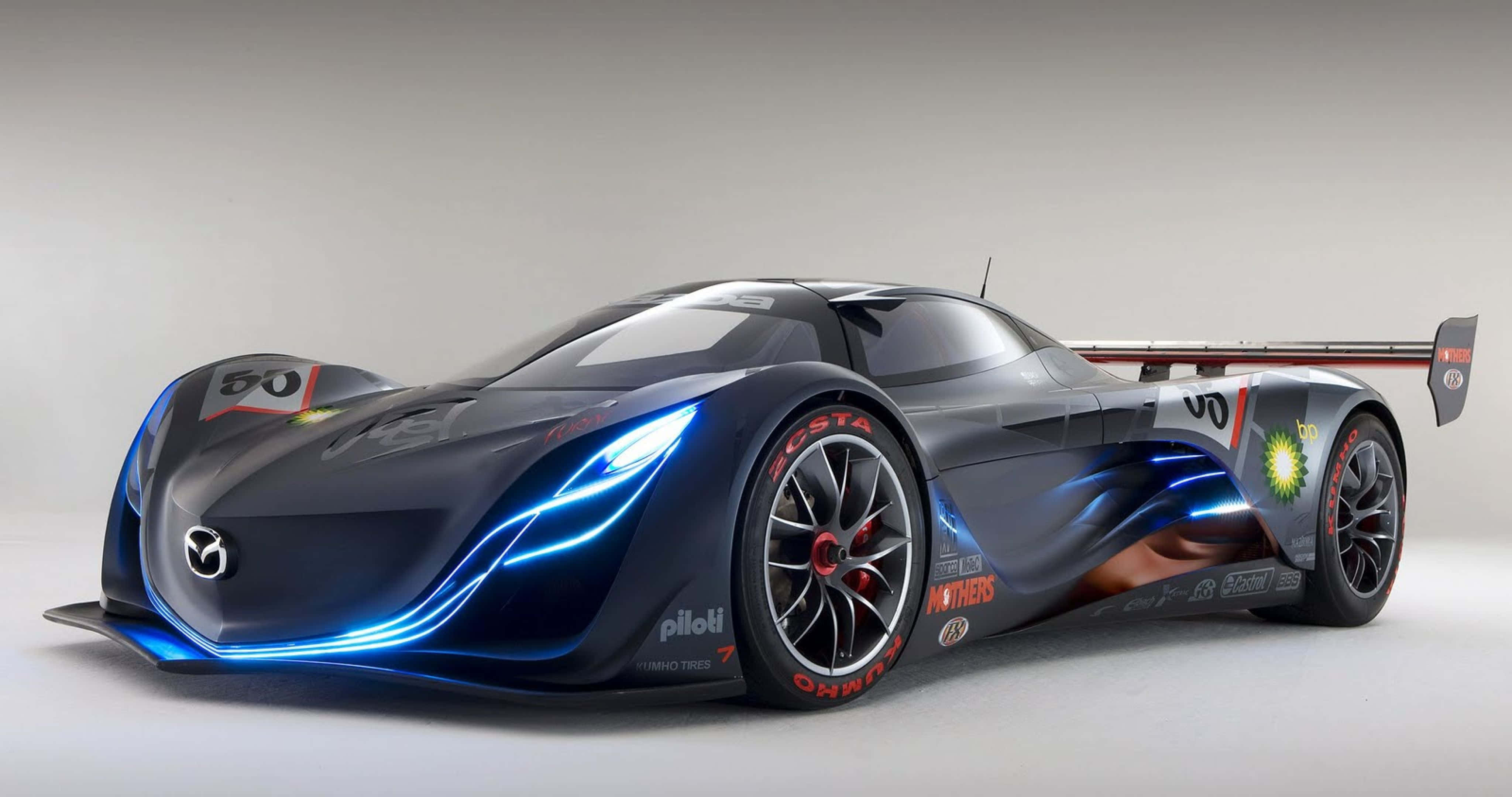 Mazda, glowing blue accents, sponsor decals, 4K Desktop Wallpaper