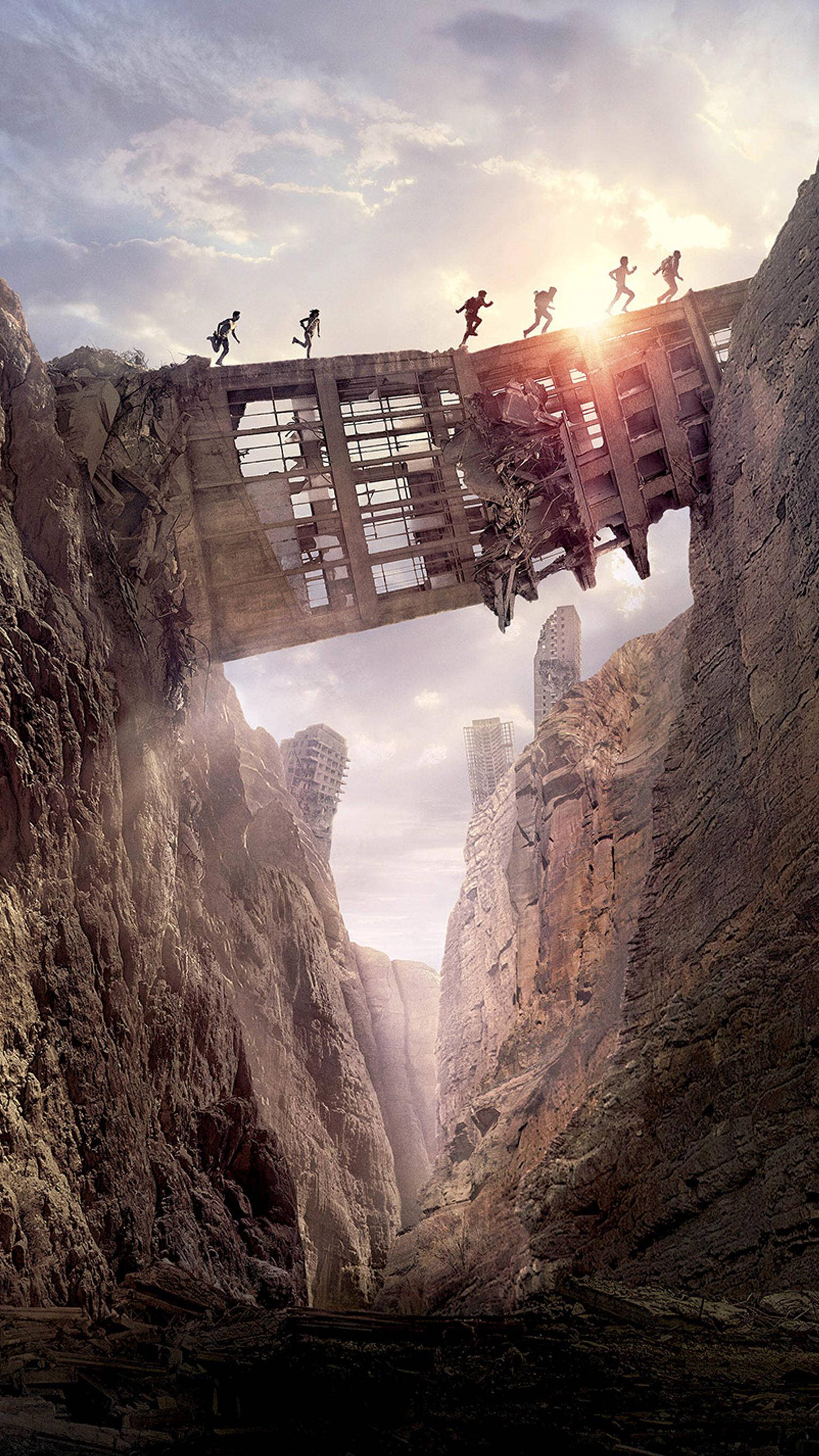 Maze Runner, crumbling concrete bridge, deep canyon, 2K Phone Wallpaper