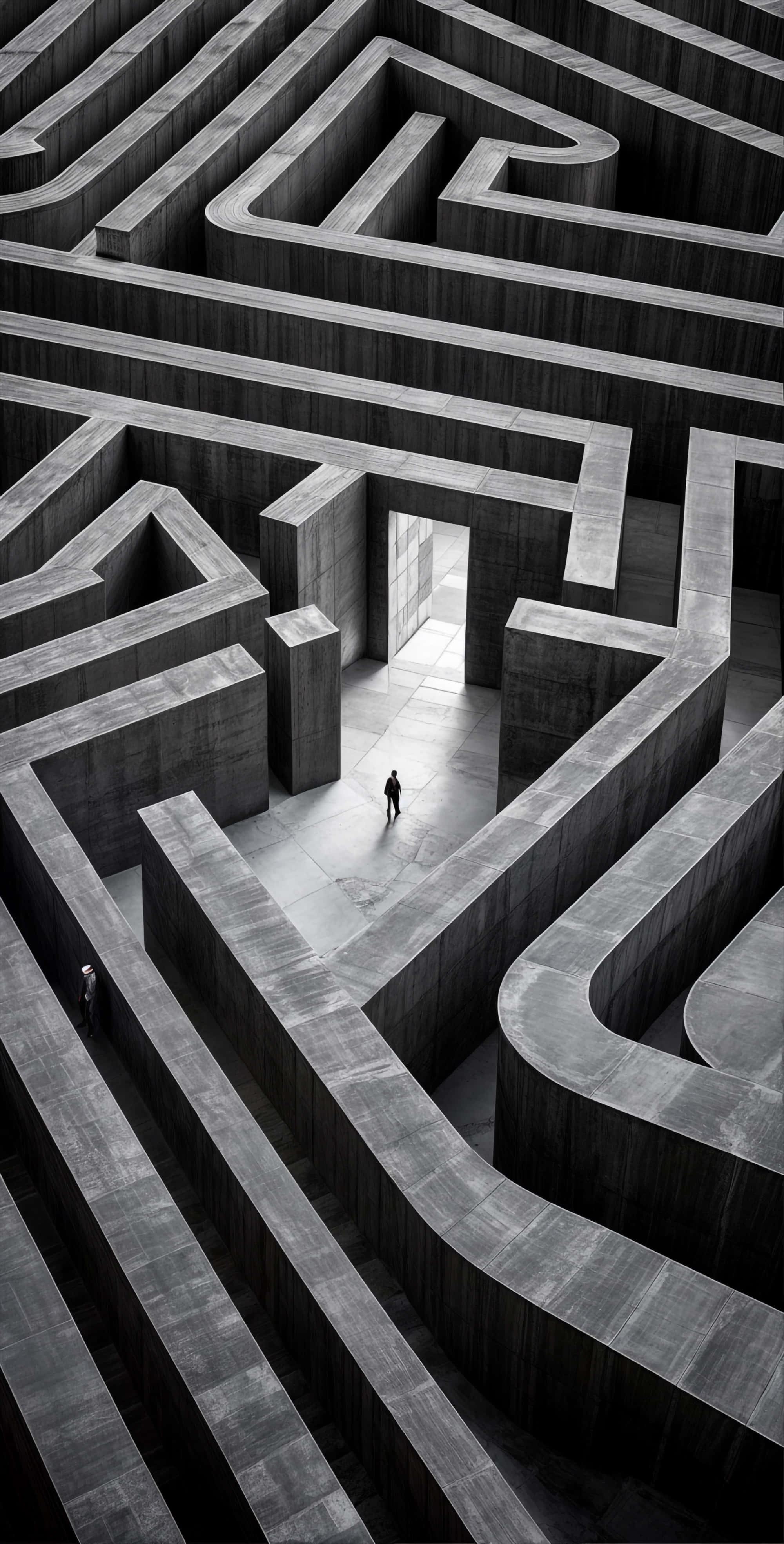 surreal black-and-white labyrinth, shifting stripes, monochrome concrete labyrinth, 4K Phone Wallpaper
