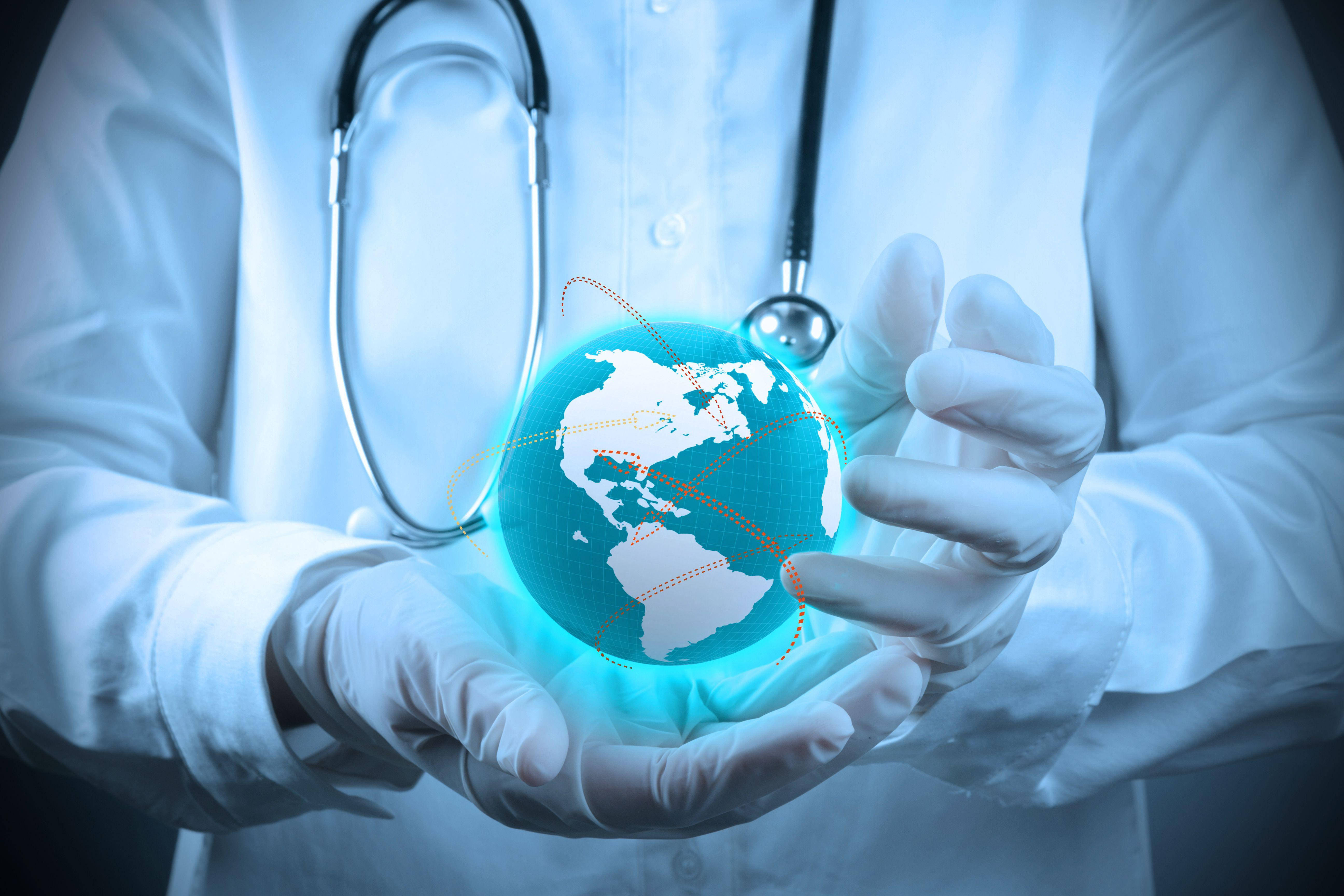 MBBS, gloved doctor, glowing blue digital globe, 5K Desktop Wallpaper