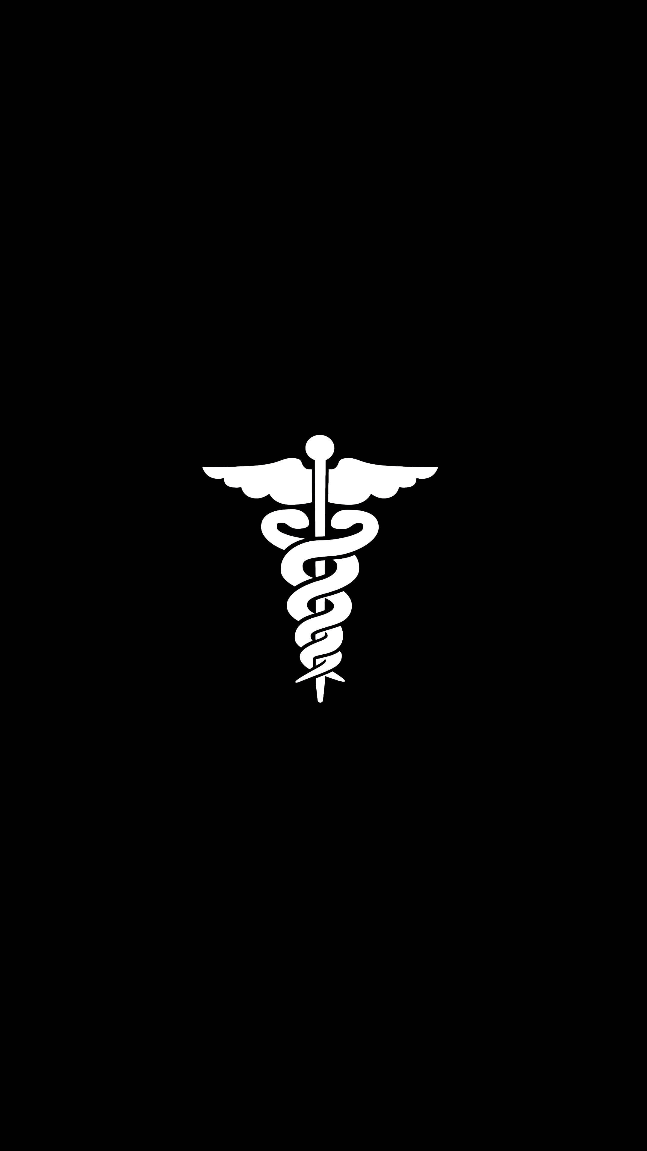 MBBS, white caduceus symbol, pure black background, 4K Phone Wallpaper