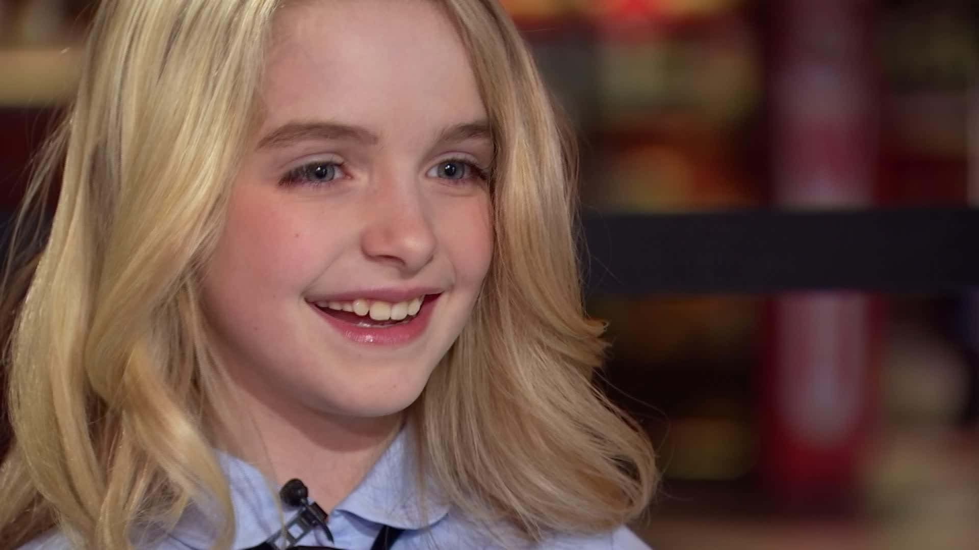 Mckenna Grace, smiling, blonde girl, Full HD Desktop Wallpaper