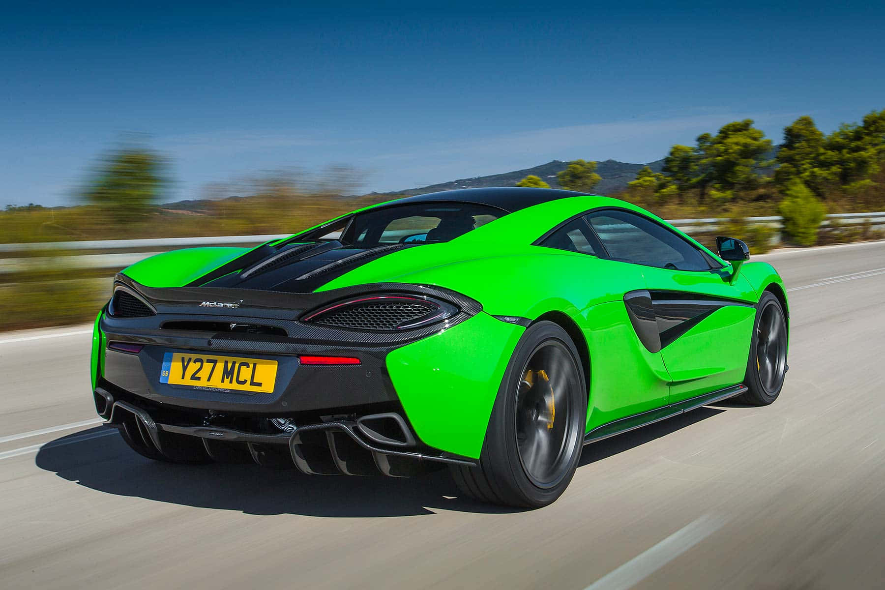 McLaren 570S, vibrant green, sunlit highway, HD Desktop Wallpaper