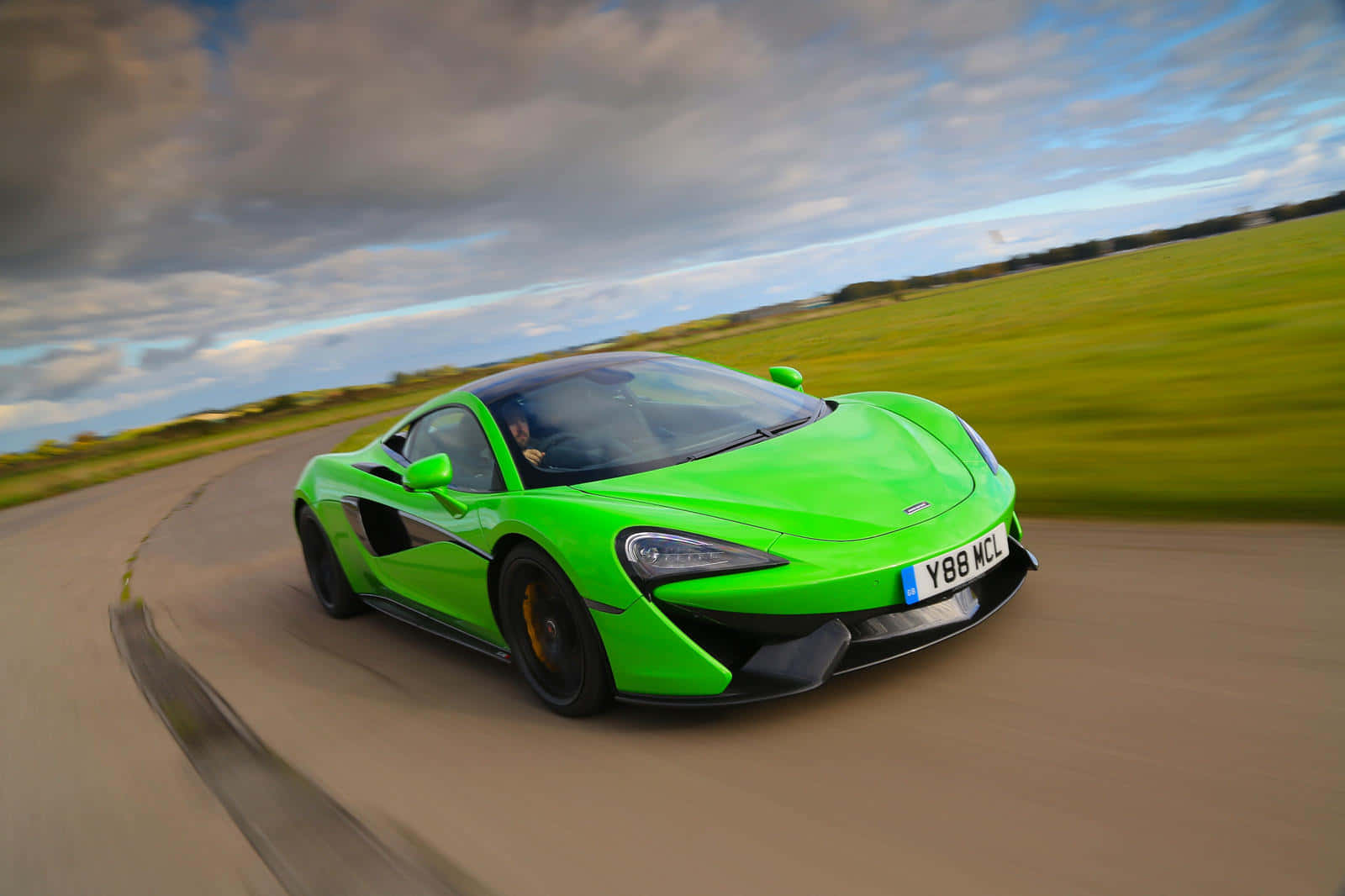 McLaren 570s, vibrant green, winding rural road, HD Desktop Wallpaper