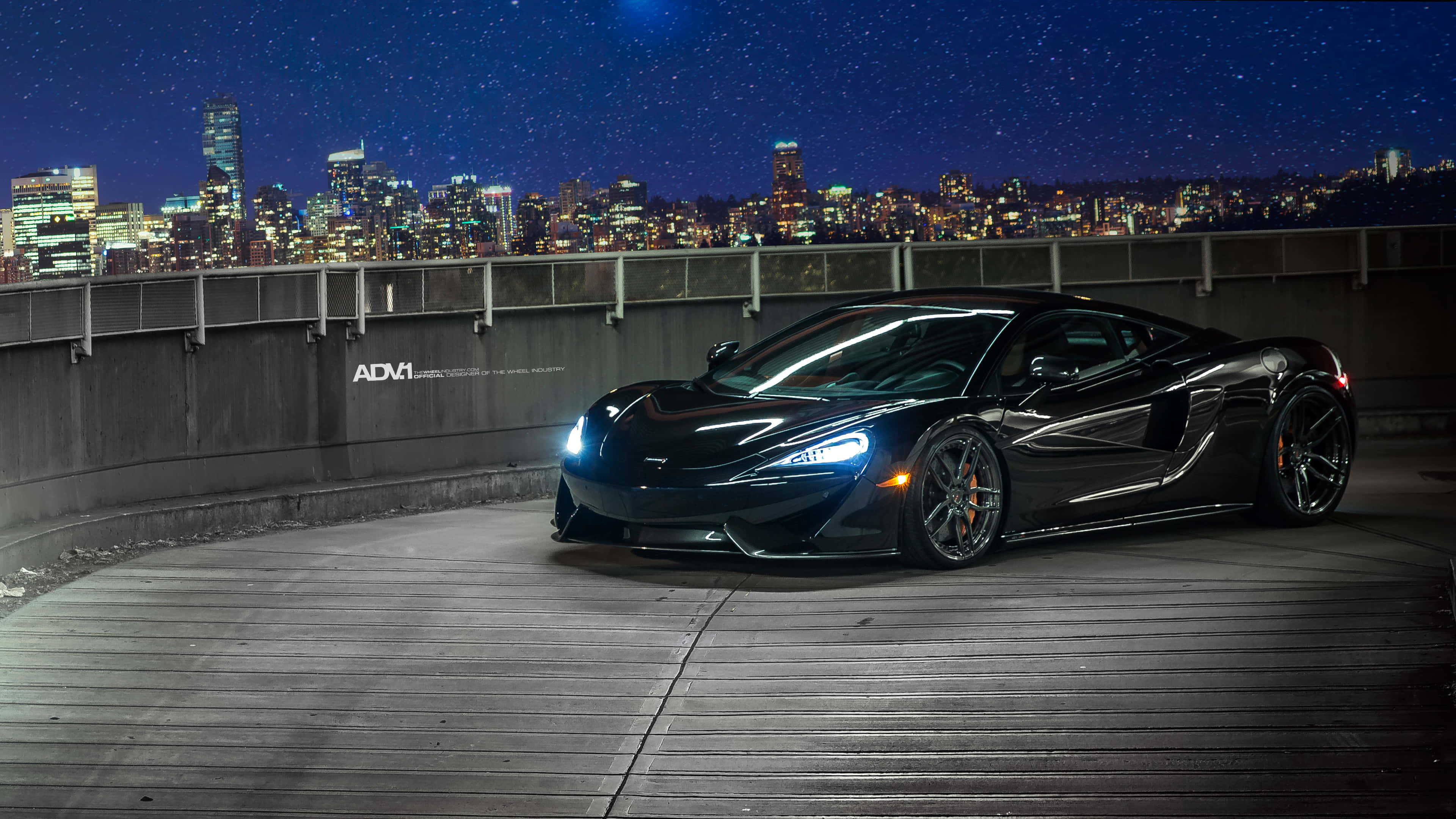McLaren 570S, sleek black sports car, starry night skies, 4K Desktop Wallpaper