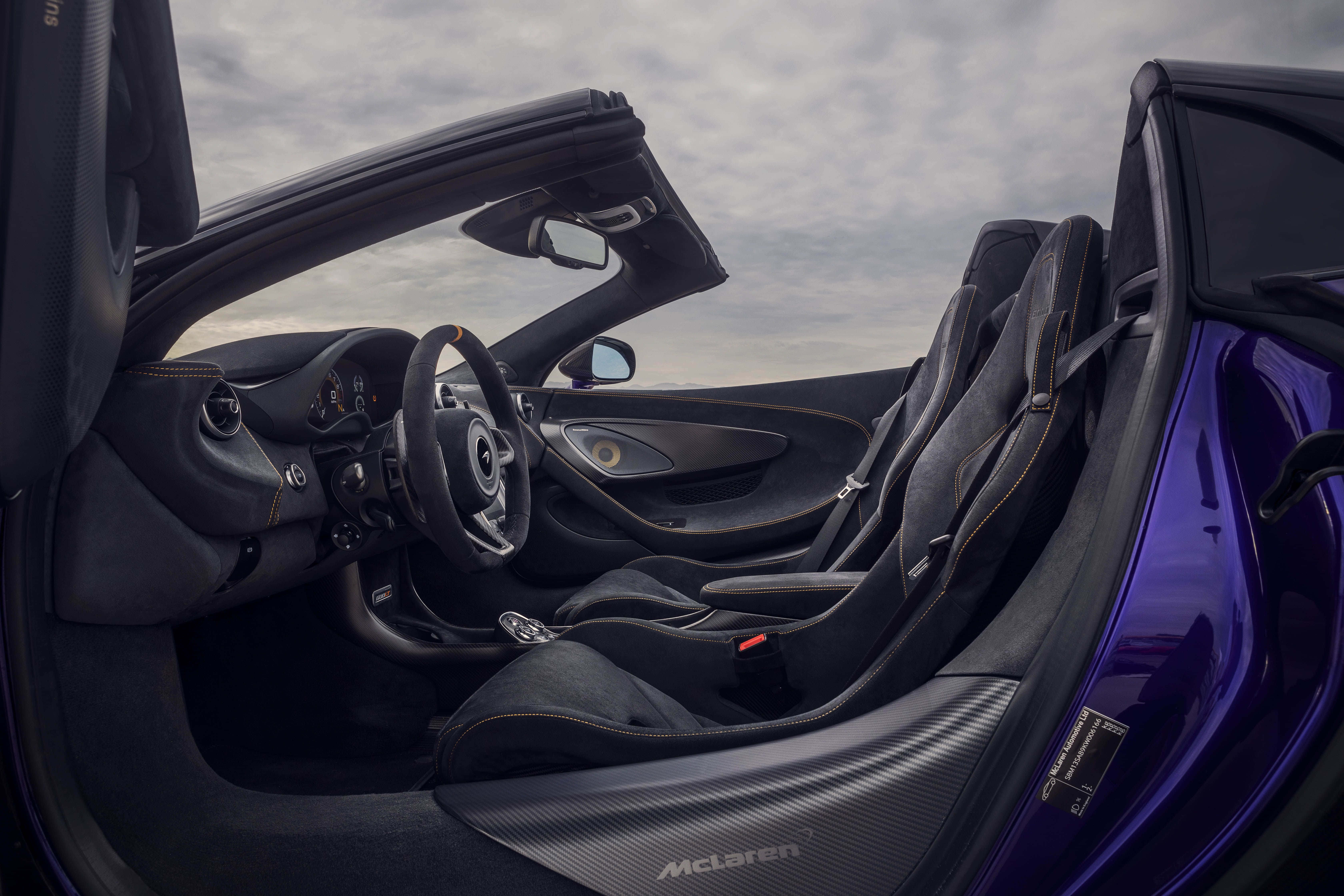 McLaren 600LT Spider, black leather seats, carbon fiber accents, 5K Desktop Wallpaper